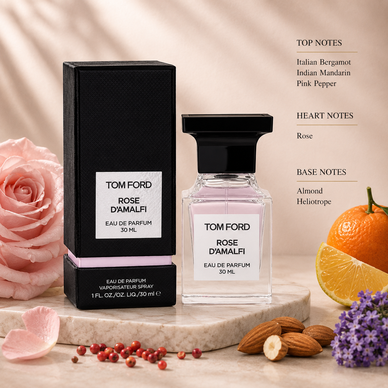 Tom Ford Rose D'Amalfi Eau de Parfum with black box surrounded by roses, bergamot, mandarin, almonds, and lavender flowers, reflecting its fresh floral composition.