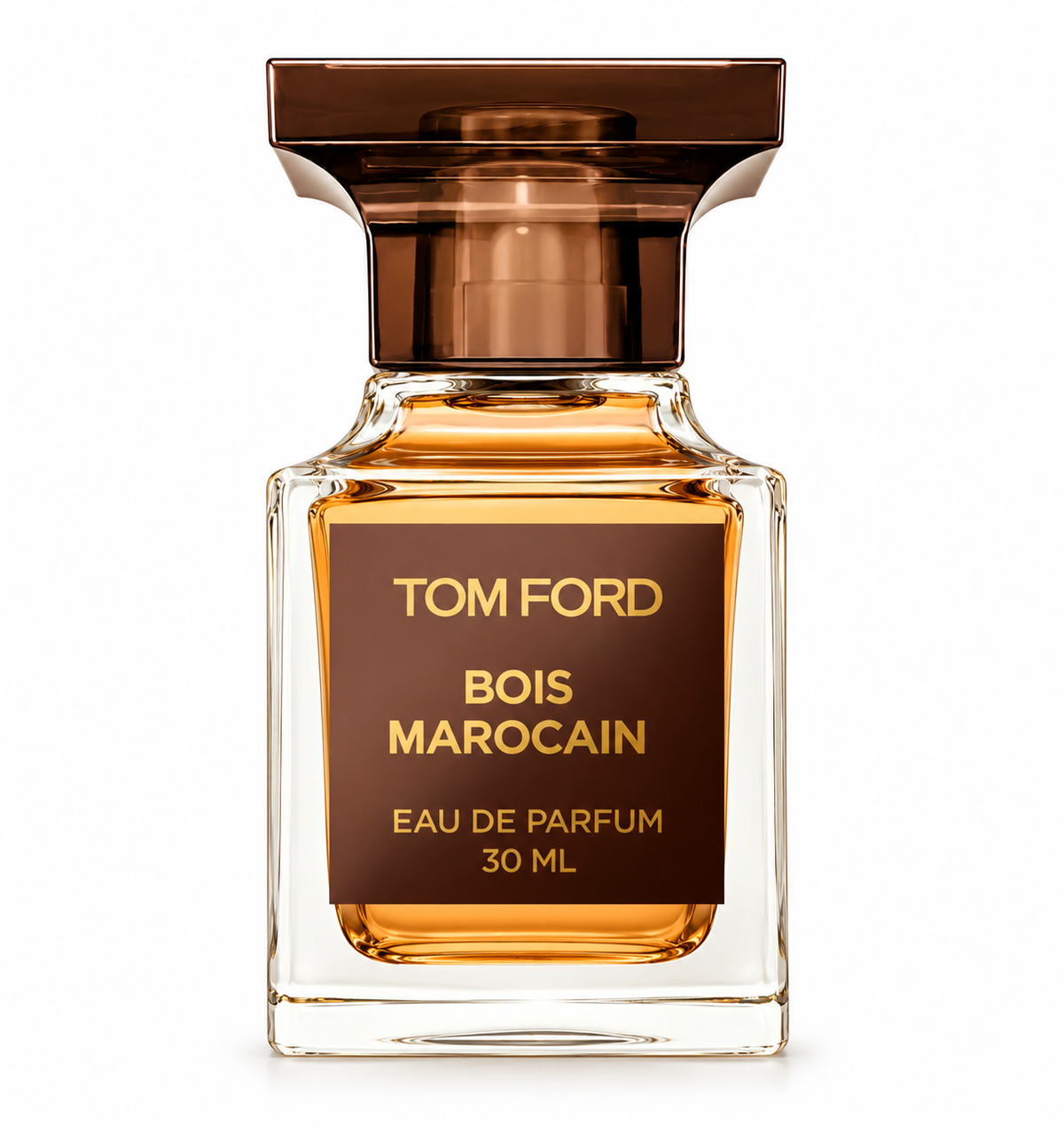 Tom Ford Bois Marocain Eau de Parfum 30ml, featuring an elegant transparent glass bottle filled with amber-colored fragrance, a rich brown label with gold lettering and a matching dark brown cap. Luxury unisex woody spicy perfume from the Tom Ford Private Blend collection, photographed on a pure white background.