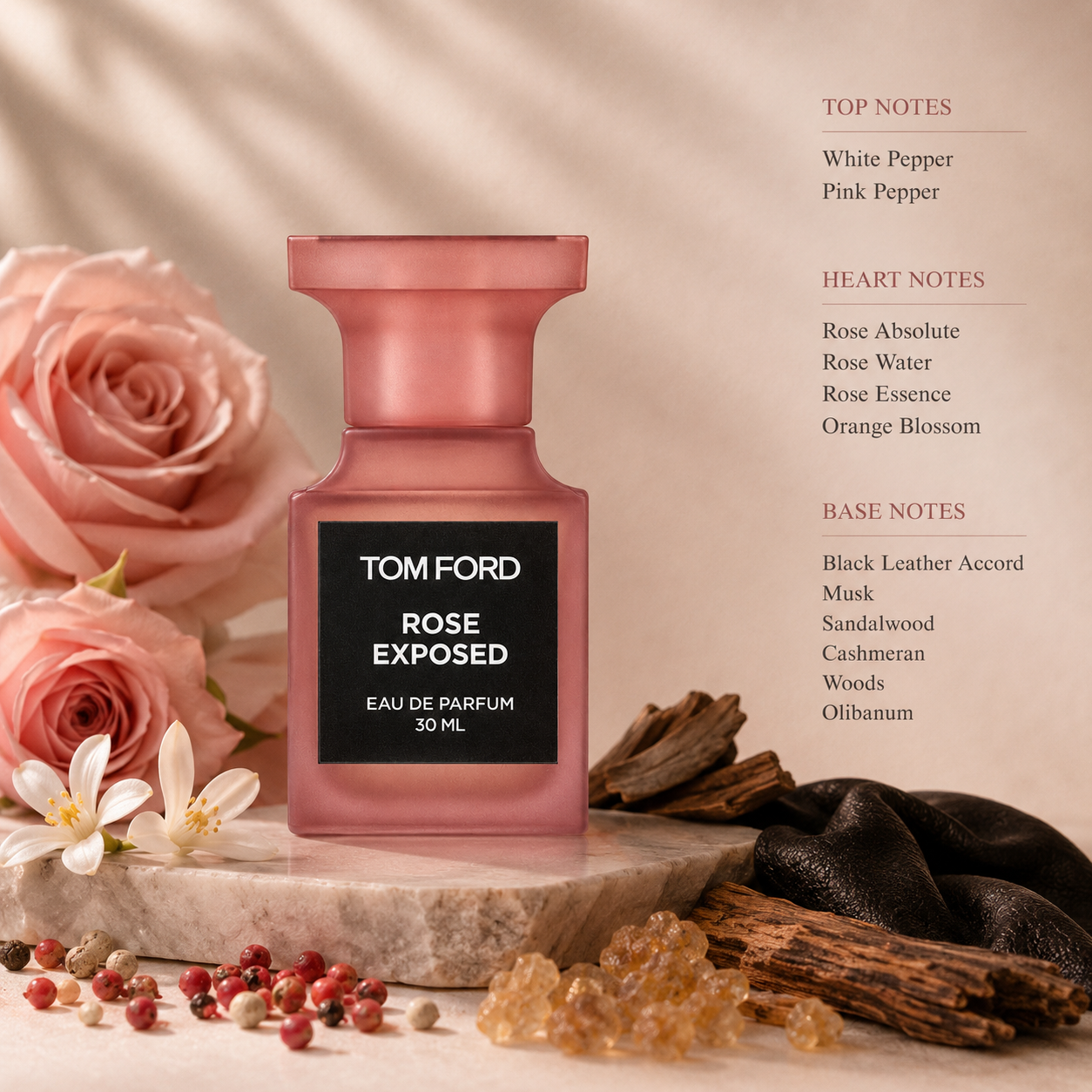 Tom Ford Rose Exposed Eau de Parfum displayed with pink roses, peppercorns, white blossoms, leather, sandalwood, and amber resin, showcasing its modern floral woody scent.