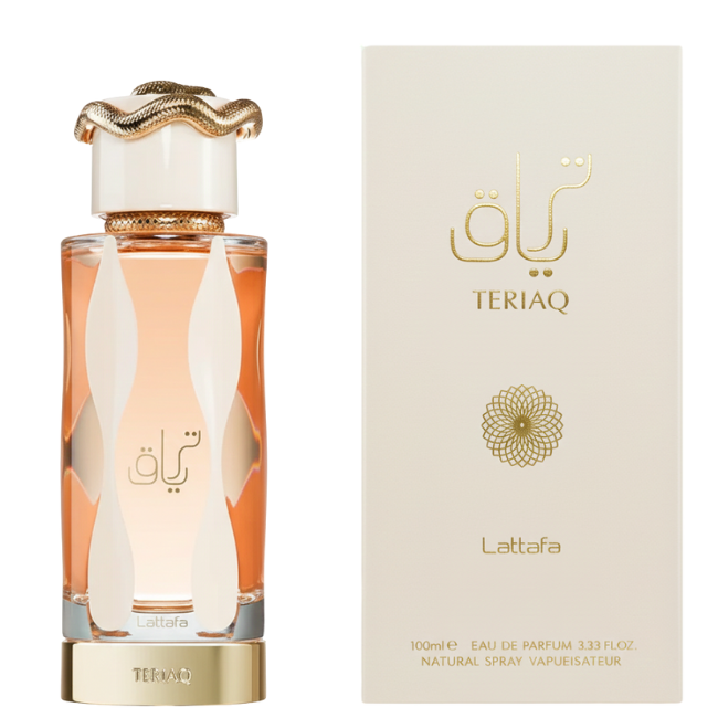 A tall, slender architectural glass bottle of Lattafa Teriaq with white flame-like patterns and a sculptural gold snake on the cap, standing next to its clean cream-colored gift box featuring gold Arabic calligraphy.
