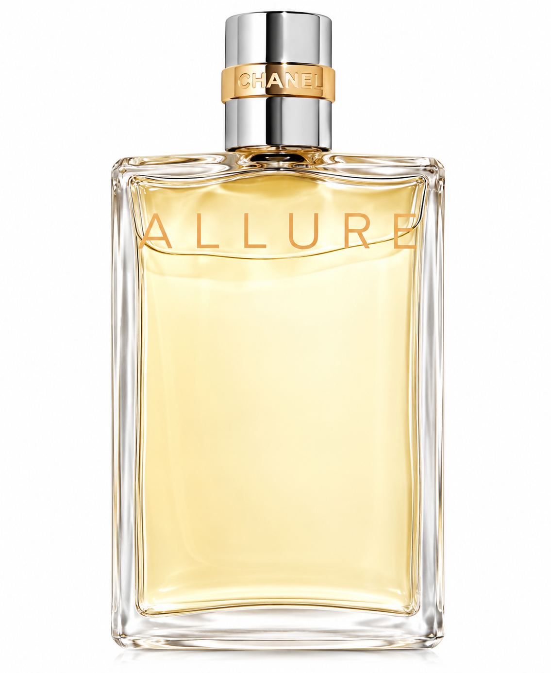 Chanel Allure Eau de Parfum for women in an elegant rectangular transparent glass bottle filled with golden perfume, featuring a polished silver cap with a gold Chanel band and signature Allure lettering. A timeless luxury fragrance presented against a clean white background.
