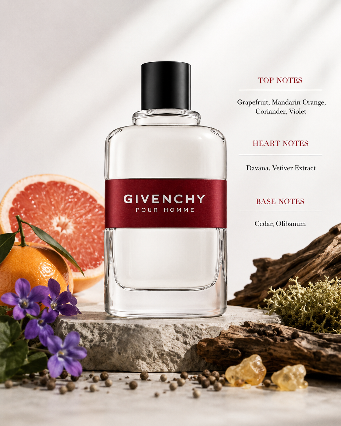 Givenchy Pour Homme fragrance bottle displayed with grapefruit, mandarin orange, coriander, violet, davana, vetiver, cedarwood, olibanum resin, citrus slices, violet flowers, and woody accents, with fragrance notes listed on the right.