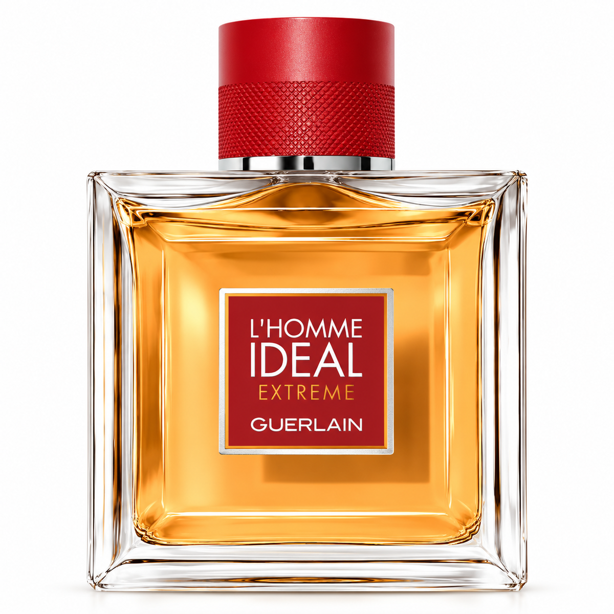 Guerlain L’Homme Idéal Extrême men's perfume in a square transparent glass bottle filled with amber fragrance, featuring a textured red cap and matching red label. Elegant luxury fragrance product photography on a clean, pure white background.