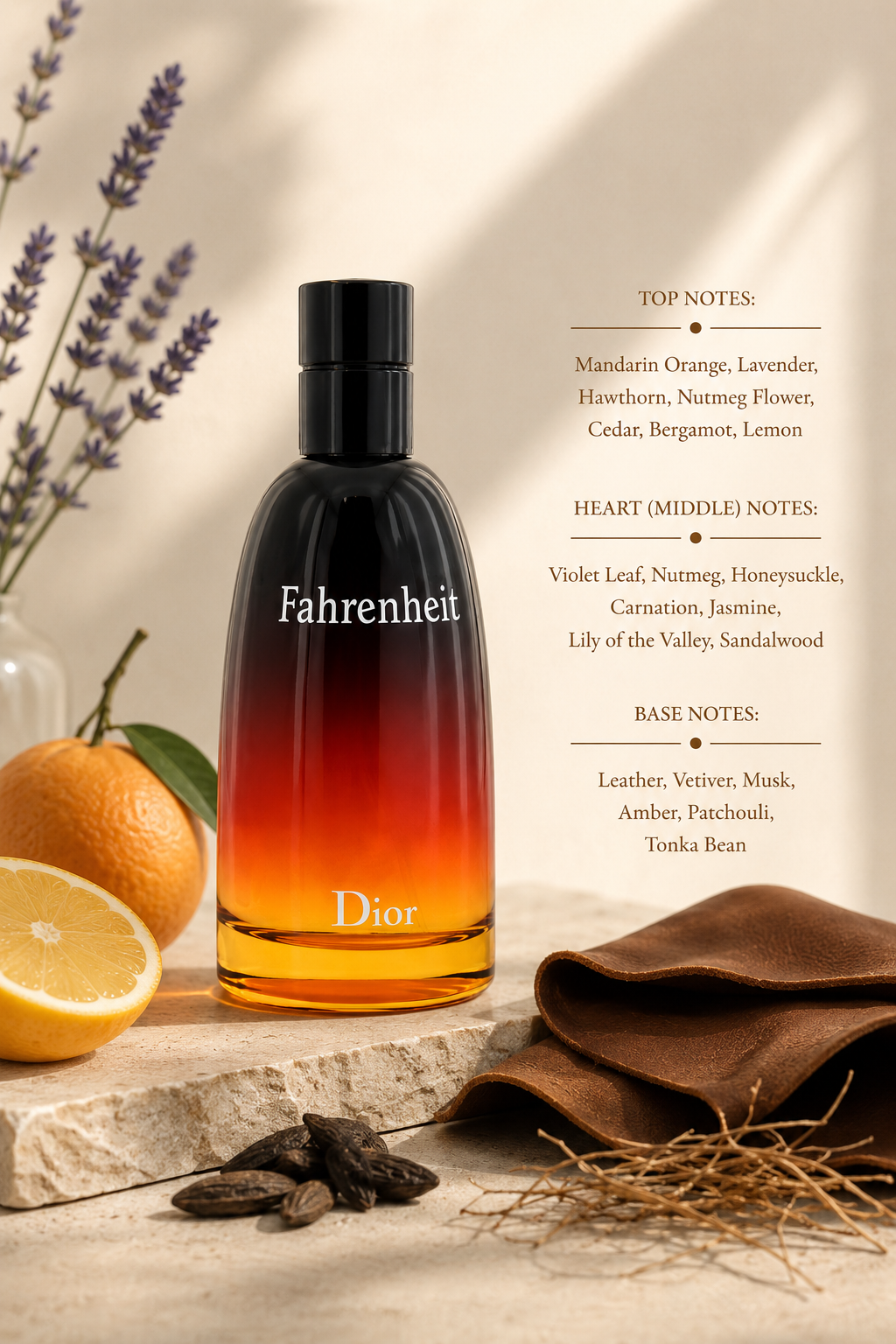 Dior Fahrenheit fragrance bottle displayed with mandarin orange, bergamot, lavender, nutmeg, leather, vetiver, patchouli, tonka bean, and fragrance notes on a premium natural stone setting.