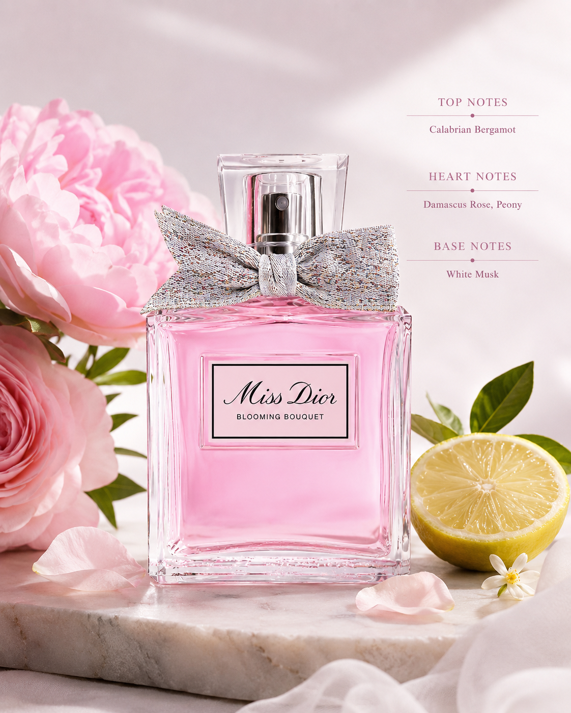 Miss Dior Blooming Bouquet pink perfume bottle adorned with a sparkling bow, displayed among peonies, lemon slices, and delicate rose petals in a romantic floral setting.