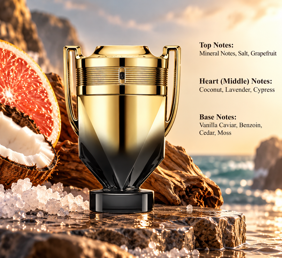 Rabanne Invictus Victory Absolu perfume in a luxurious gold and black trophy-shaped bottle, displayed on coastal rocks beside the ocean at sunset, surrounded by grapefruit, coconut, sea salt and driftwood. A bold masculine fragrance featuring mineral notes, lavender, cypress, vanilla caviar, benzoin, cedar and moss.
