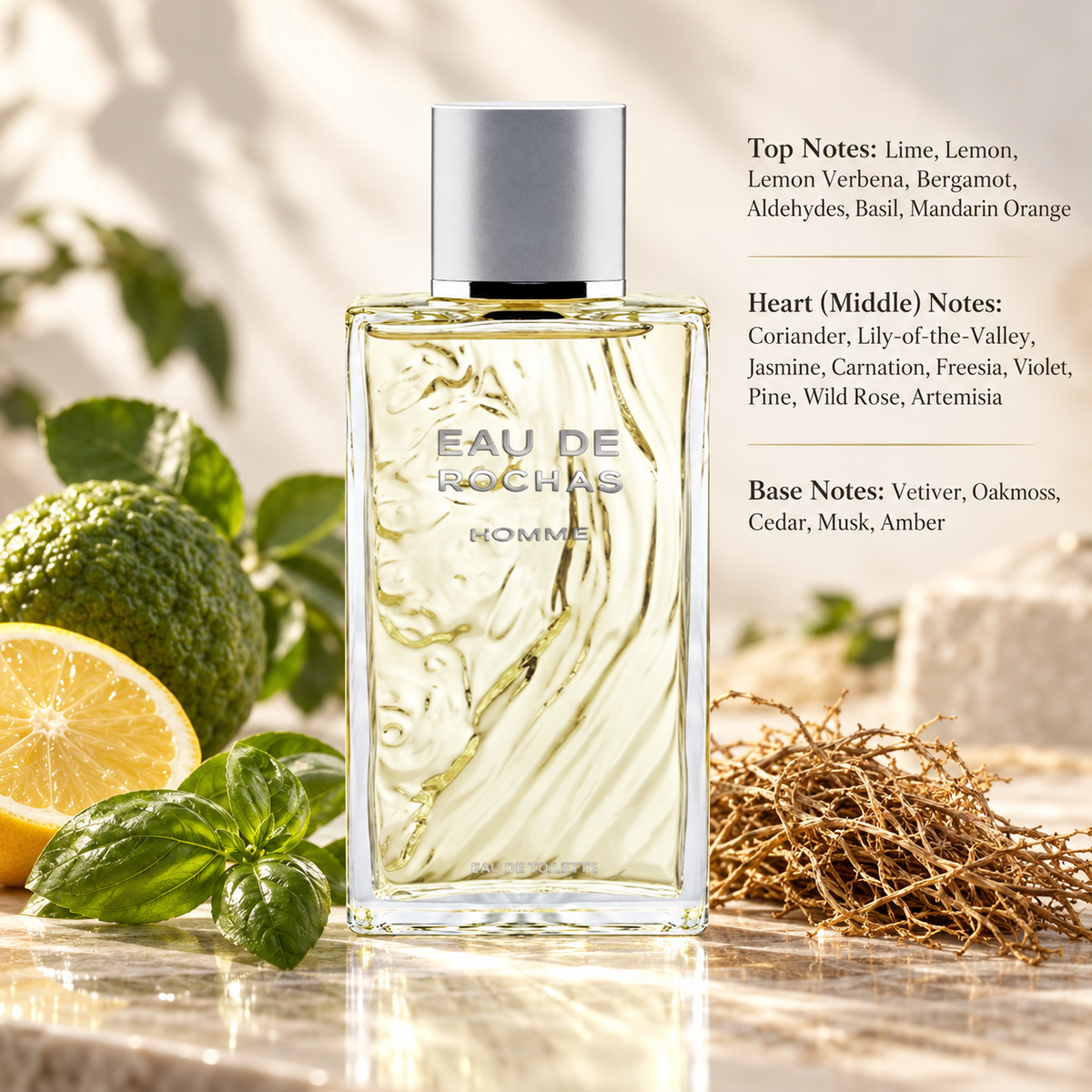 Rochas Eau de Rochas Homme men's Eau de Toilette in a clear textured glass bottle with a silver cap, surrounded by fresh lime, lemon, bergamot, green basil leaves and vetiver roots. A refreshing citrus aromatic woody fragrance presented on elegant marble with warm natural lighting and a soft neutral background.