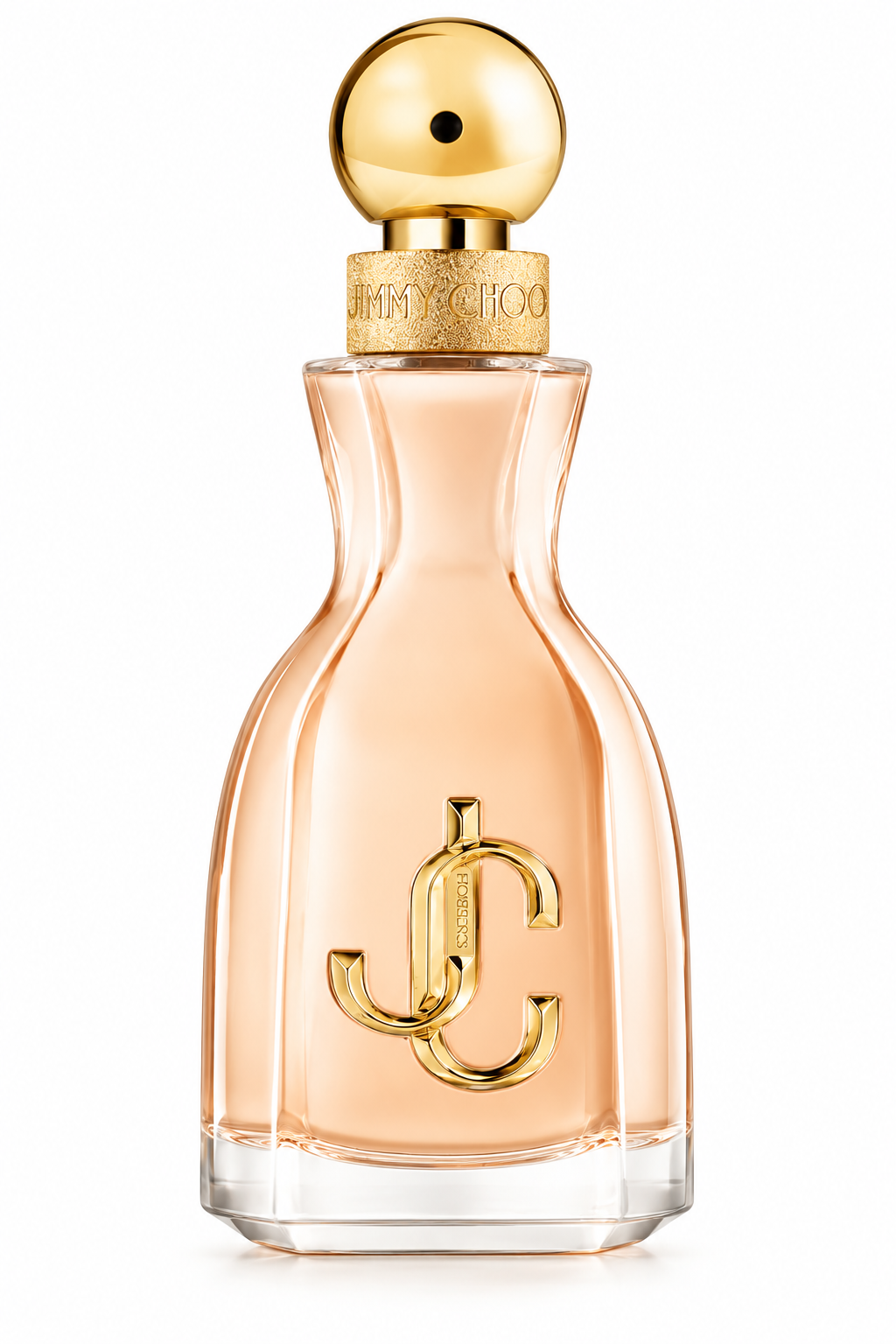 Jimmy Choo I Want Choo Eau de Parfum for women, featuring an elegant peach-toned glass bottle with a golden spherical cap, textured gold collar and signature JC logo. Luxury designer perfume presented against a clean white background, highlighting its refined feminine design.