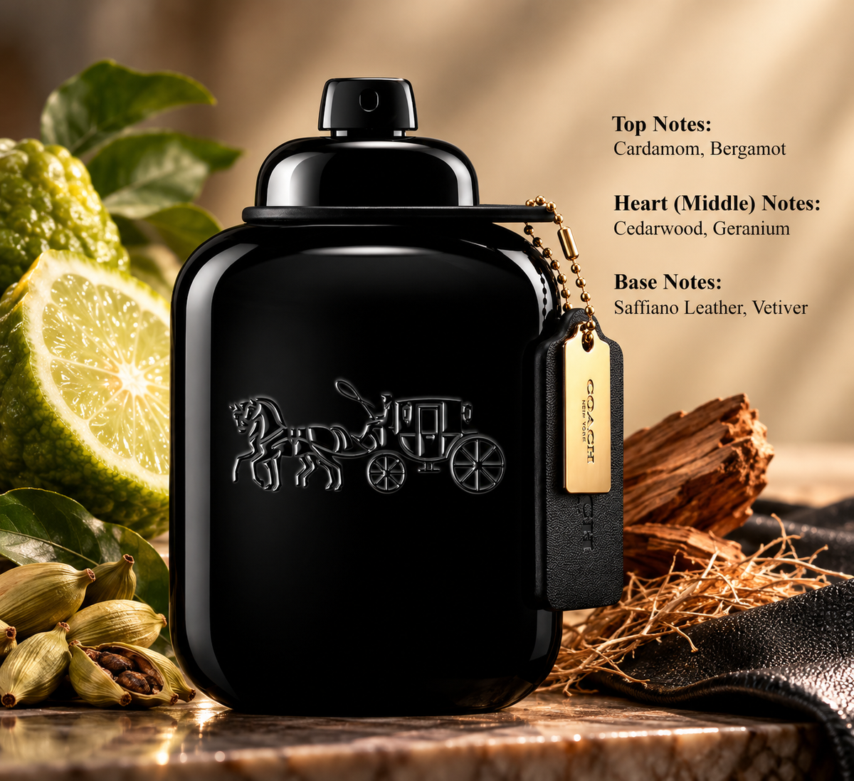 Coach New York Eau de Parfum for men, featuring an elegant black perfume bottle with a gold Coach tag, surrounded by bergamot, cardamom pods, cedarwood and black leather. A sophisticated woody leather fragrance with geranium, saffiano leather and vetiver, displayed against a warm, luxurious background.