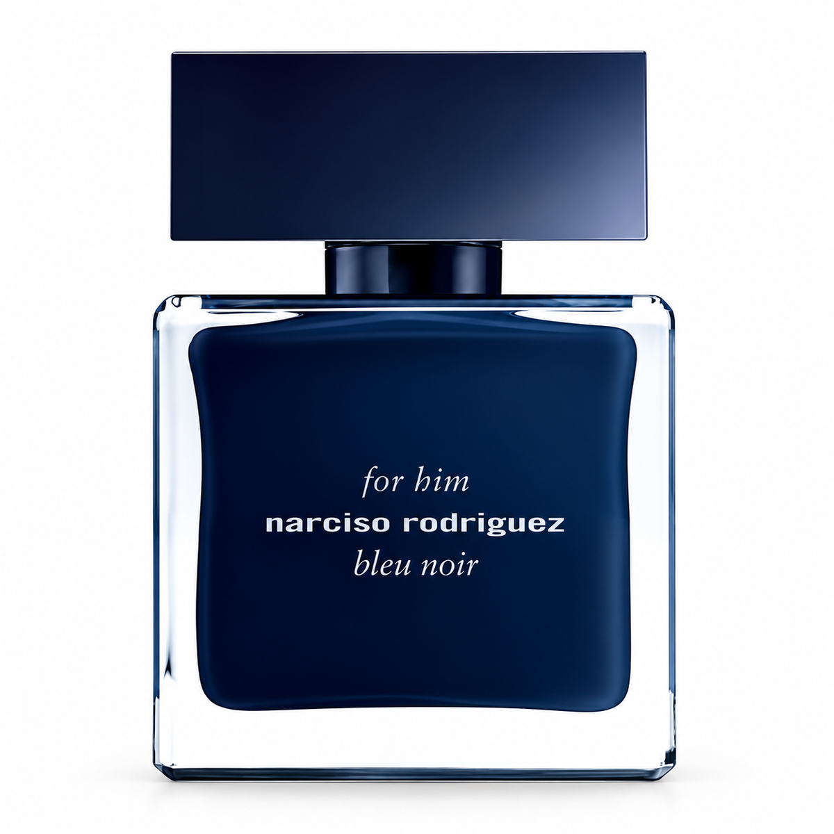 Narciso Rodriguez For Him Bleu Noir men's fragrance in a sophisticated deep navy blue glass bottle with transparent edges, a rectangular dark blue cap and elegant white branding, photographed against a clean white background.