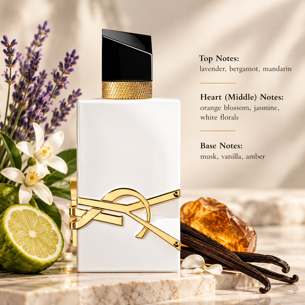 Yves Saint Laurent Libre L’Eau Nue Parfum de Peau 90ml presented in a luminous, elegant composition inspired by its fresh floral fragrance profile, featuring lavender, bergamot and mandarin, orange blossom, jasmine and white florals, with a soft sensual base of musk, vanilla and amber.