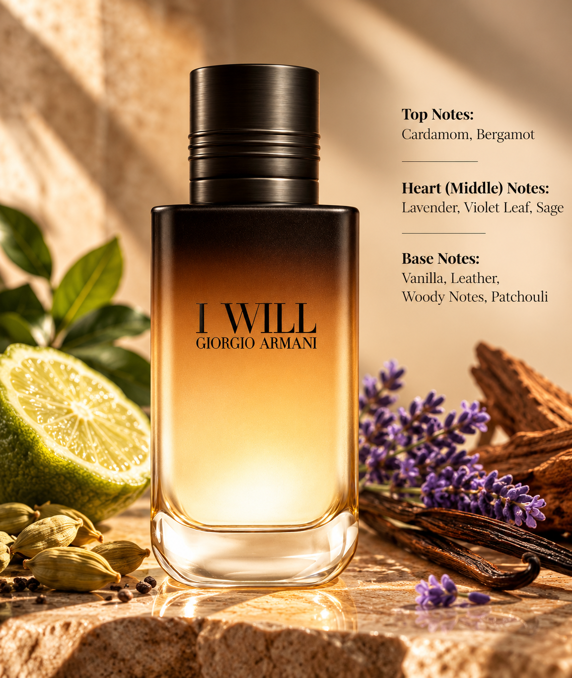 Giorgio Armani I Will men's perfume in an elegant amber gradient bottle with a dark metallic cap, displayed on warm marble beside bergamot, cardamom, lavender, vanilla pods and wood. A sophisticated spicy woody fragrance featuring cardamom, bergamot, lavender, violet leaf, sage, vanilla, leather and patchouli.
