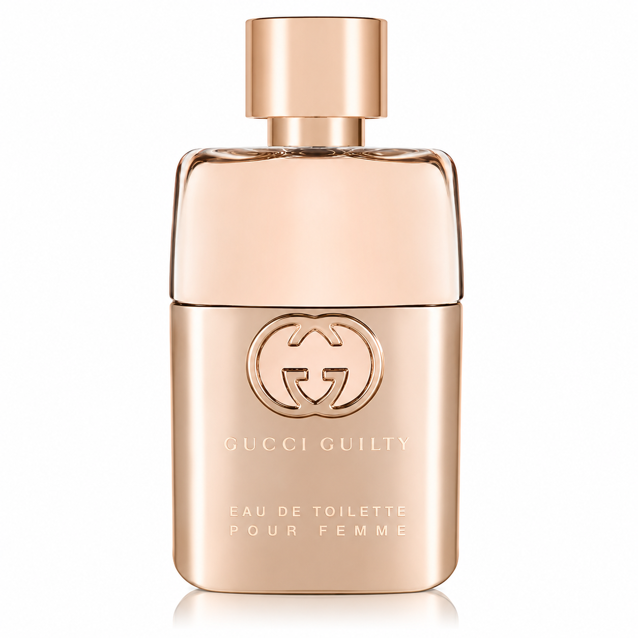Gucci Guilty Eau de Toilette Pour Femme perfume bottle isolated on a white background, featuring a soft rose gold metallic bottle with the iconic interlocking GG logo and matching rose gold cap.