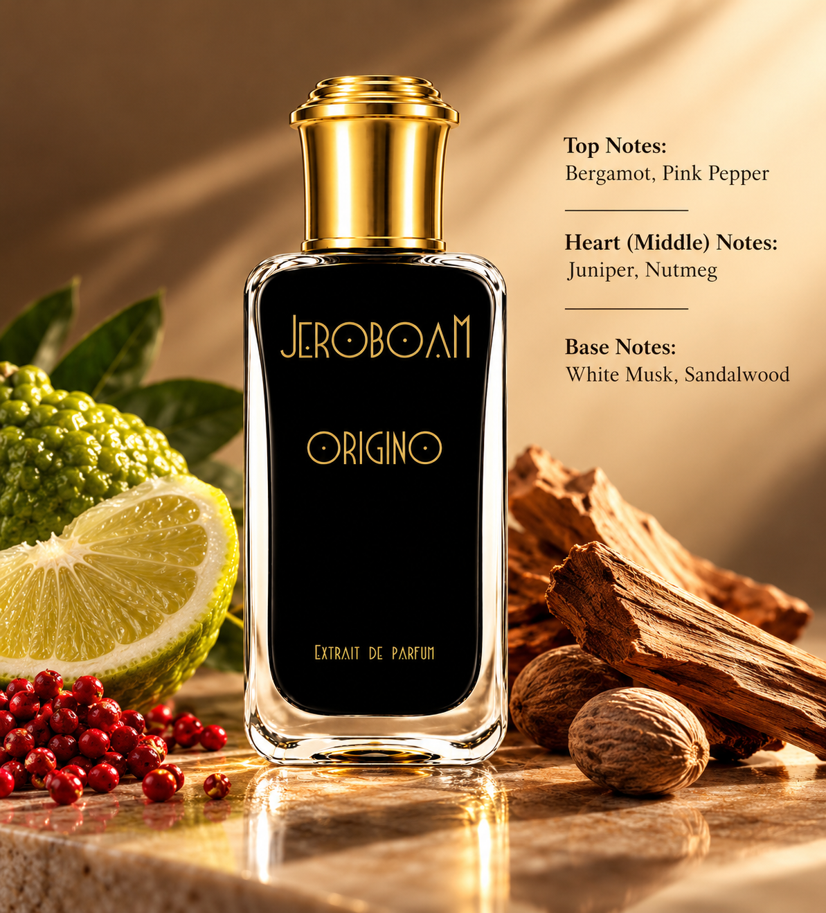 Jeroboam Origino Extrait de Parfum in an elegant black bottle with gold lettering and a polished gold cap, displayed on warm marble beside bergamot, pink peppercorns, nutmeg and sandalwood. A luxurious niche fragrance featuring bergamot, pink pepper, juniper, nutmeg, white musk and sandalwood.