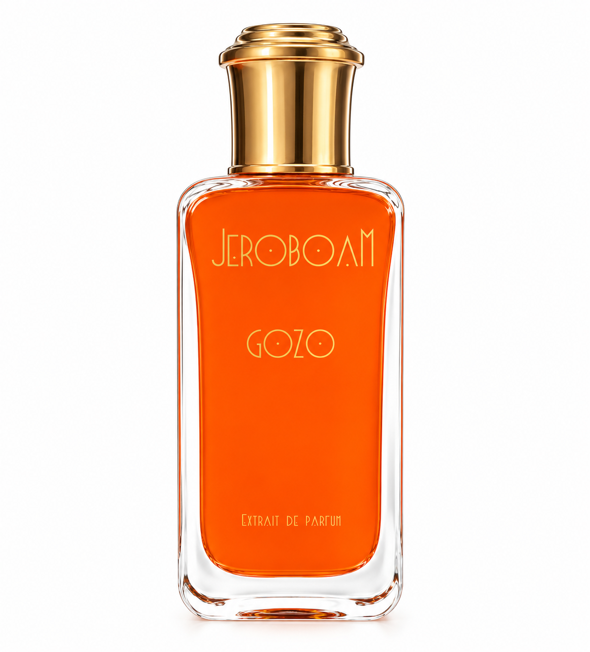 Jeroboam Gozo Extrait de Parfum luxury niche fragrance in a clear rectangular glass bottle filled with vibrant orange perfume, featuring elegant gold lettering and a polished gold cap, photographed against a clean white background.