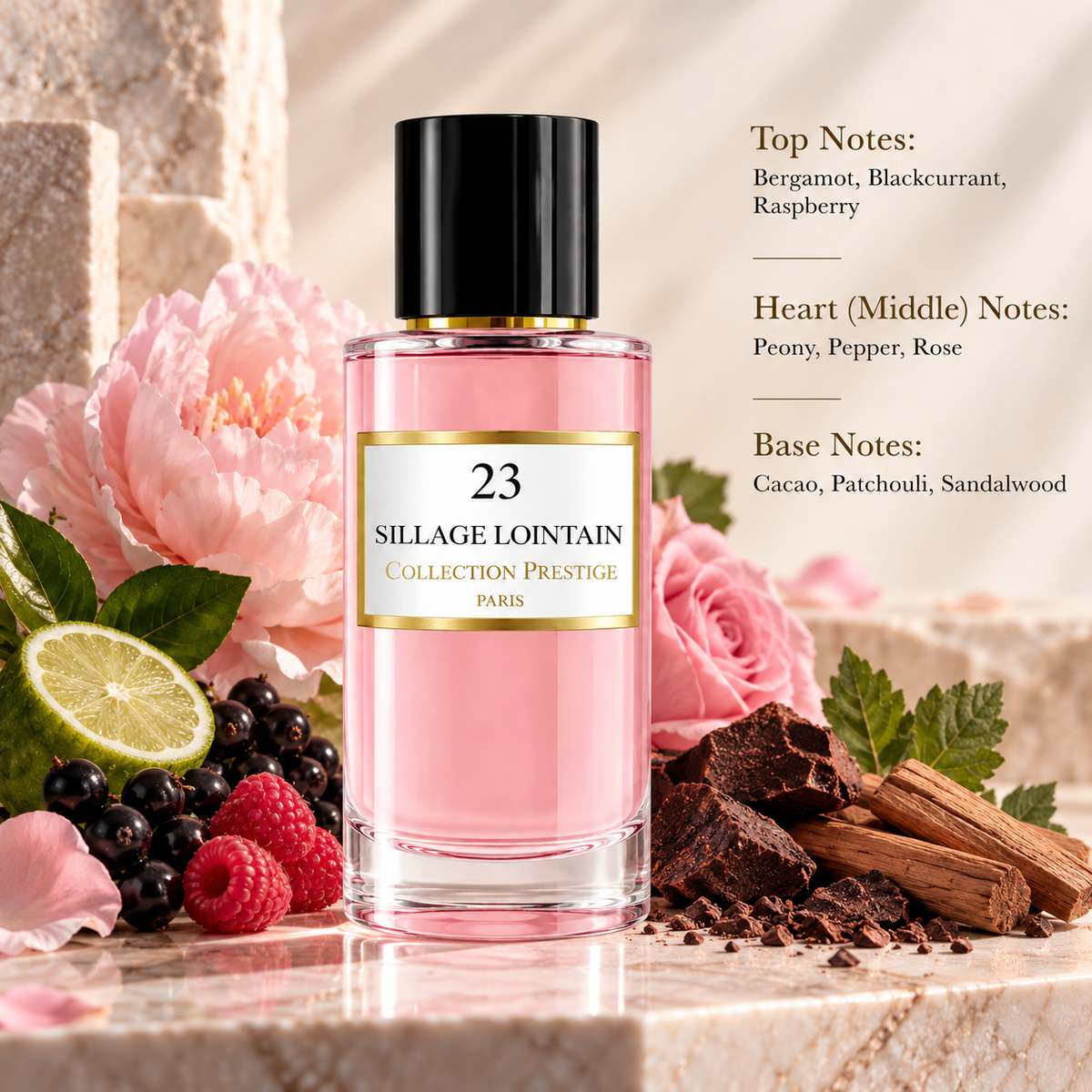 Collection Prestige Sillage Lointain No.23 50ml displayed in a luxurious floral and gourmand composition with bergamot, blackcurrant, raspberry, peony, rose, cacao, patchouli and sandalwood elements, reflecting its fruity, floral and warm woody character.