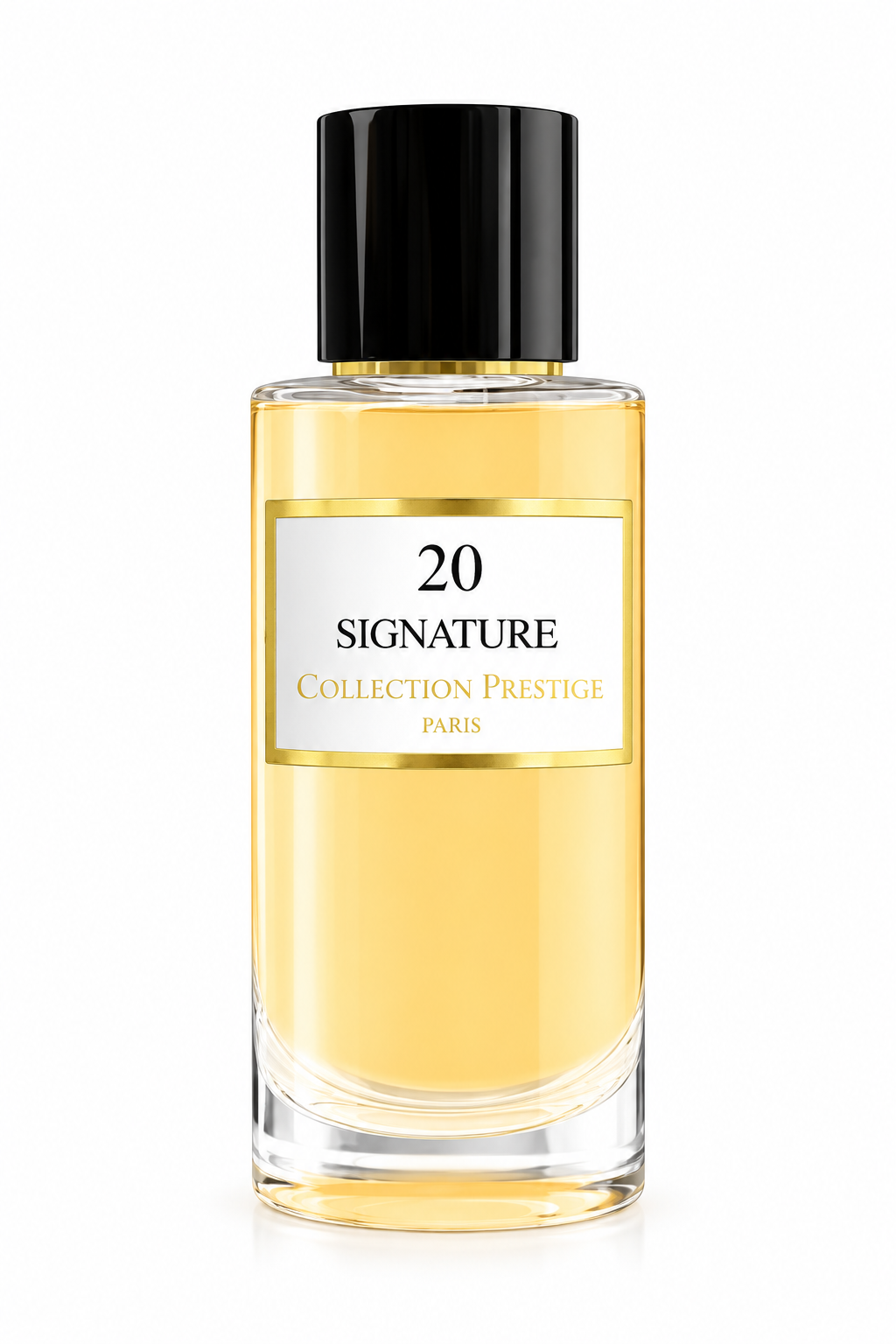 Collection Prestige Signature No.20 50ml Extrait de Parfum presented in an elegant cylindrical glass bottle with warm golden fragrance, glossy black cap and refined white-and-gold label, photographed against a pure white background.