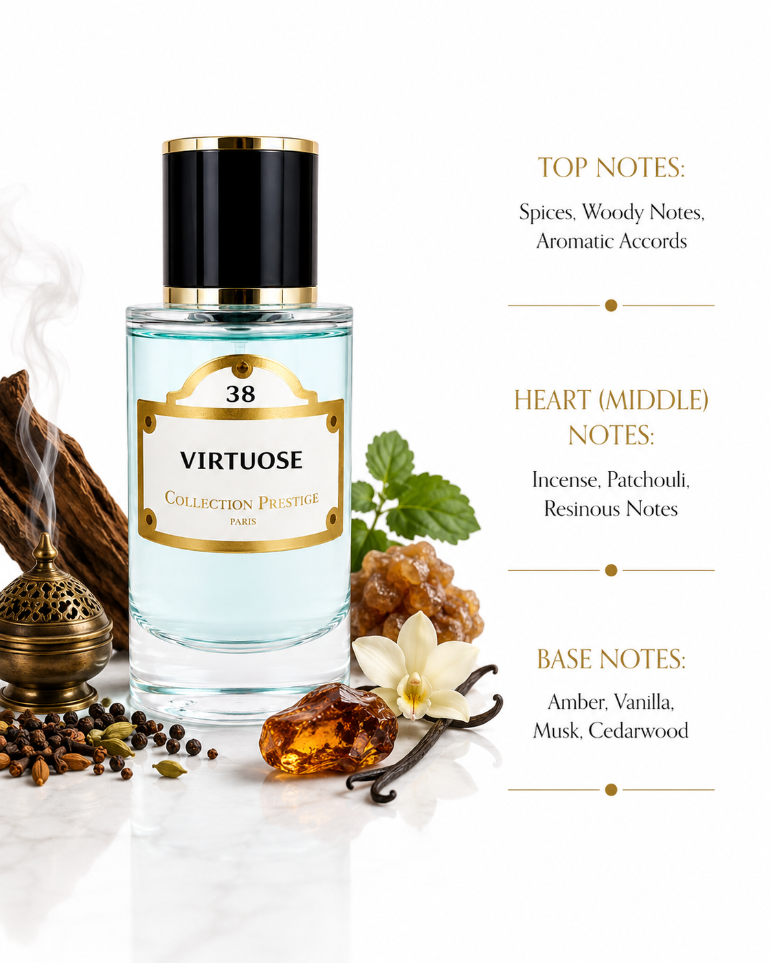 Collection Prestige Virtuose No. 38 fragrance featuring spices, incense, patchouli, amber and vanilla notes