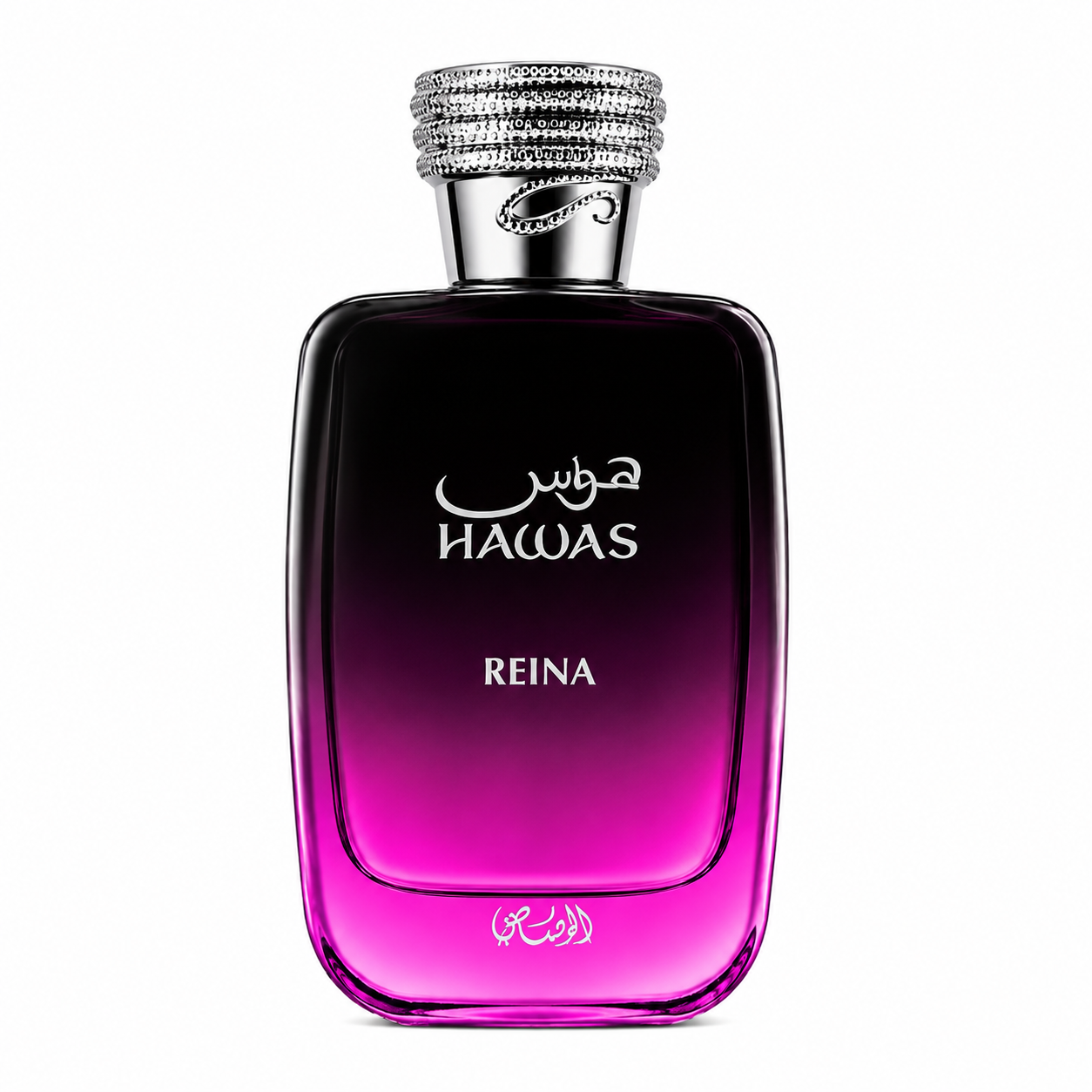 Rasasi Hawas Reina Eau de Parfum for Women bottle with a black-to-fuchsia gradient glass design.