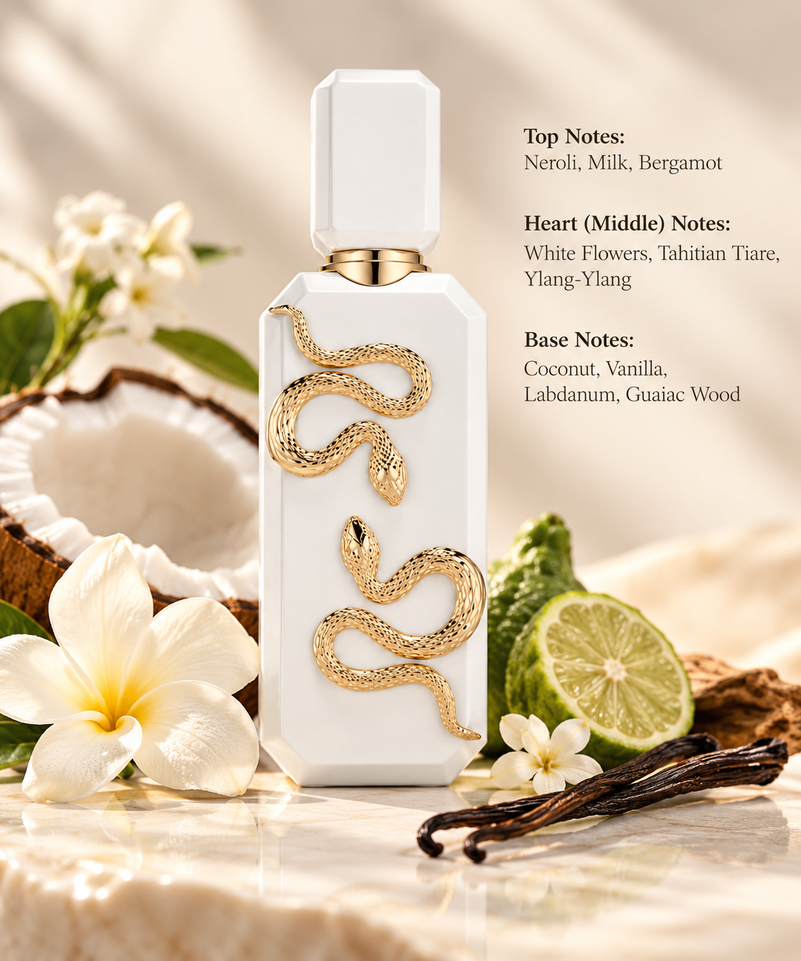 Elegant white perfume bottle decorated with golden snakes, surrounded by coconut, white tropical flowers, bergamot and vanilla. Luxury fragrance composition featuring neroli, milk, ylang-ylang, Tahitian tiare, labdanum and guaiac wood notes against a warm beige background.