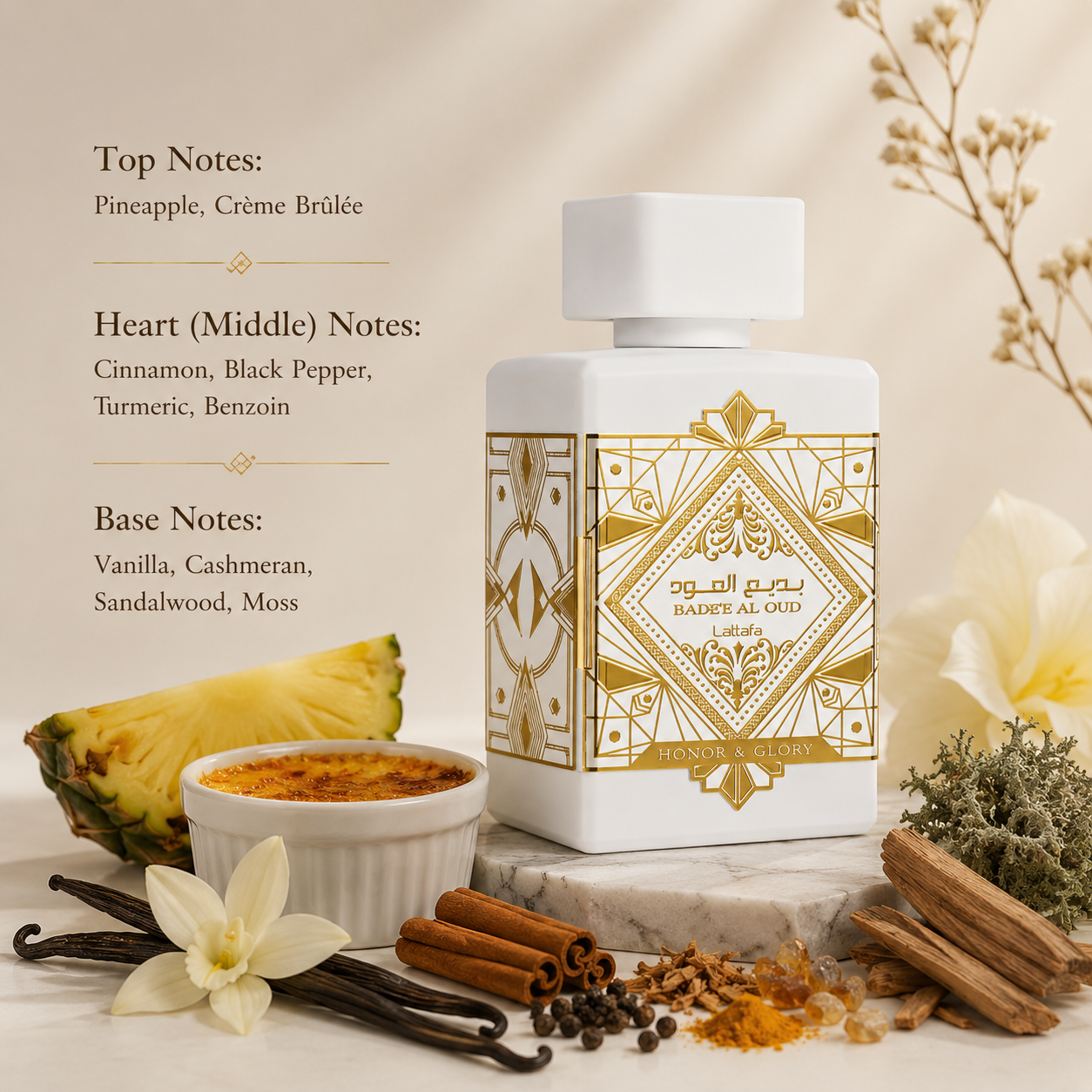 Lattafa Bade'e Al Oud Honor & Glory Eau de Parfum showcased in an elegant luxury fragrance composition featuring pineapple, crème brûlée, cinnamon, black pepper, turmeric, benzoin, vanilla, cashmeran, sandalwood, and moss-inspired elements. The refined white and gold bottle is presented in a sophisticated setting that highlights its gourmand, spicy, woody, and oriental character.