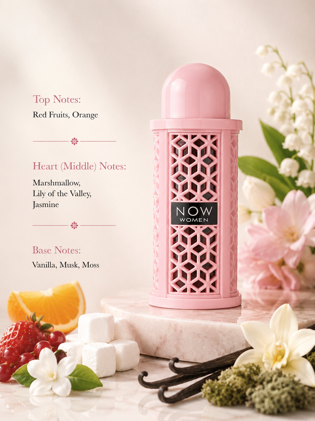 Rave Now Women Eau de Parfum showcased in an elegant luxury fragrance composition featuring red fruits, orange, marshmallow, lily of the valley, jasmine, vanilla, musk, and moss-inspired elements. The sophisticated blush pink bottle with a modern geometric lattice design is presented in a refined setting that highlights its fruity, floral, sweet gourmand, and soft musky character.