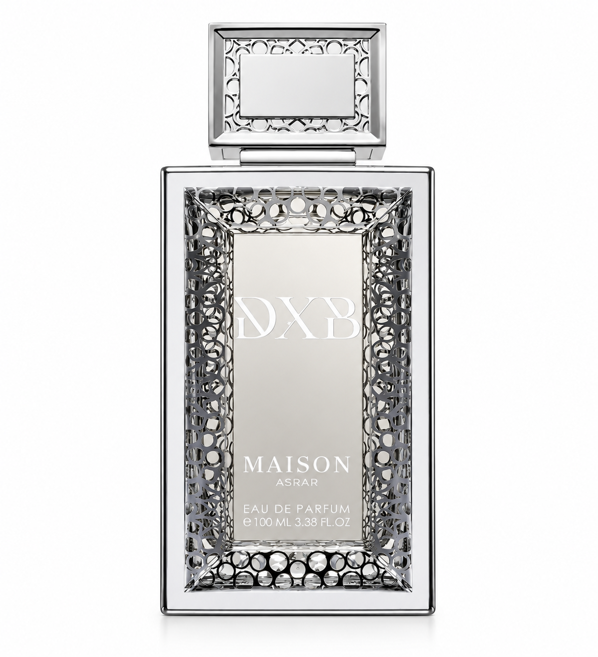 Maison Asrar DXB 100ml Eau de Parfum featuring a luxurious rectangular silver perfume bottle with intricate metallic geometric detailing, an elegant mirrored central panel, DXB branding and a matching decorative silver cap. Premium fragrance bottle photographed against a pure white background.