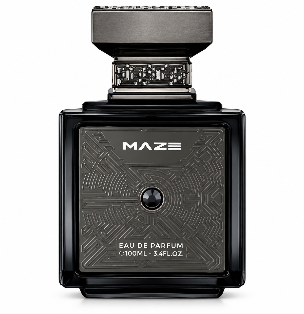 Gulf Orchid Maze 100ml Eau de Parfum featuring a sleek black rectangular glass bottle with an intricate geometric maze-patterned metallic label, central black gemstone detail and wide silver-toned cap. Luxury fragrance bottle photographed against a pure white background.