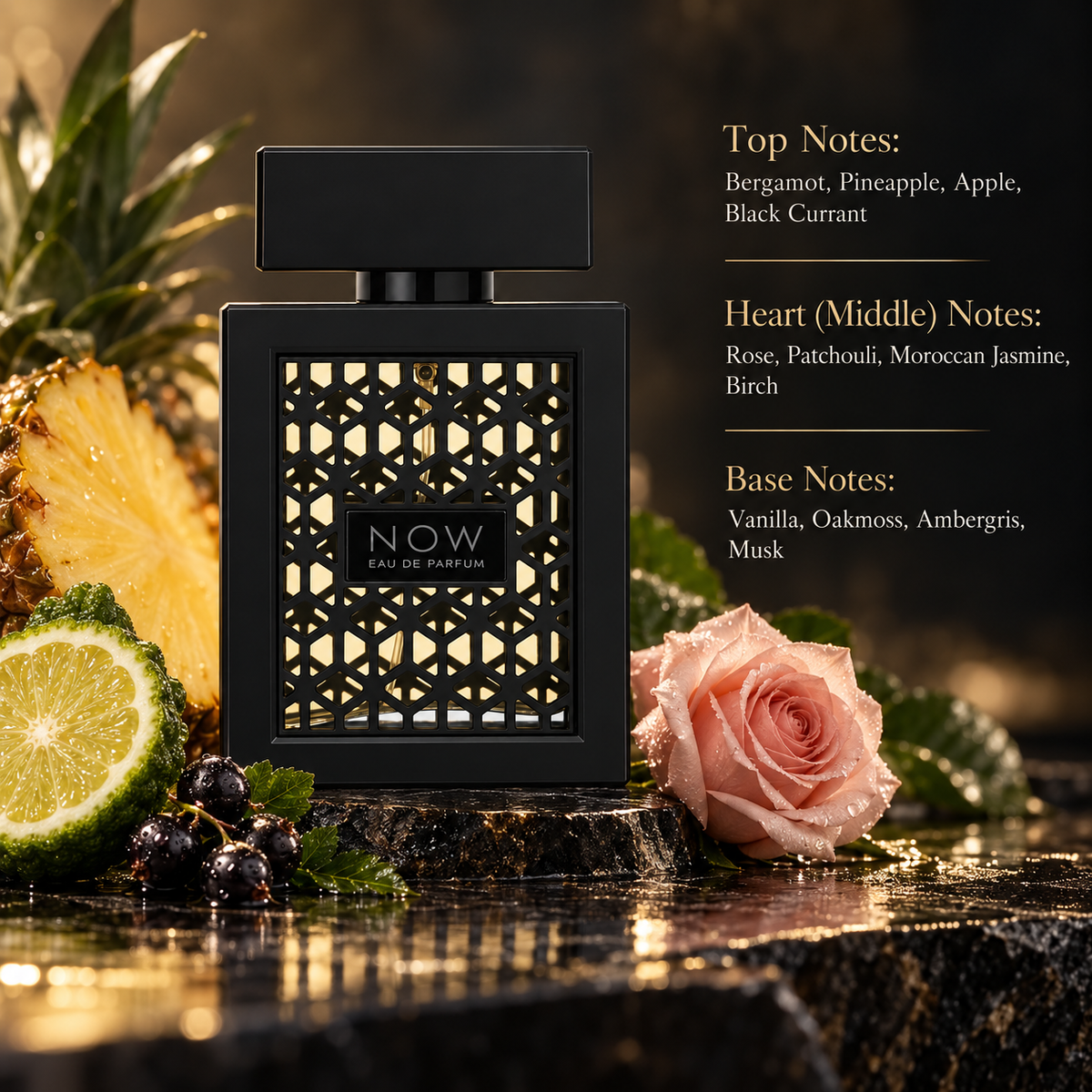 Lattafa Now Men Eau de Parfum in a black and gold bottle, surrounded by pineapple, bergamot, black currant and a pink rose. Premium Arabic men's fragrance featuring fruity top notes, rose, jasmine and patchouli heart notes, with a warm base of vanilla, oakmoss, ambergris and musk.