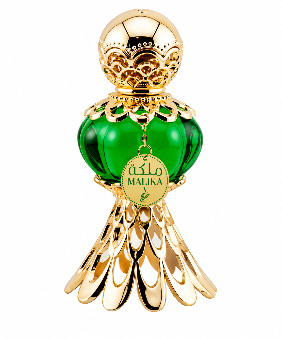 Khadlaj Malika Green perfume presented in an ornate emerald-green glass bottle with an elaborate sculptural gold base and crown-like cap, finished with a delicate hanging Malika medallion for an opulent, jewel-inspired appearance.