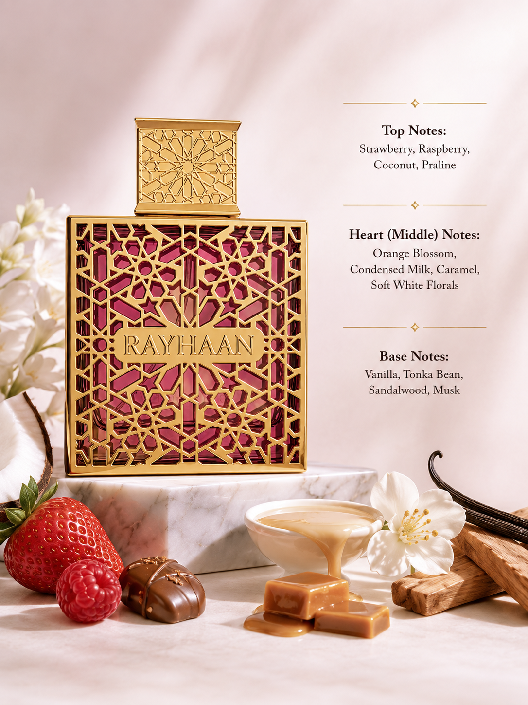 Rayhaan Eau de Parfum displayed with strawberry, raspberry, caramel, vanilla, and sandalwood accents. Notes shown: Top – strawberry, raspberry, coconut, praline; Heart – orange blossom, condensed milk, caramel, soft white florals; Base – vanilla, tonka bean, sandalwood, and musk. Sweet gourmand-floral presentation with a warm, indulgent aesthetic.