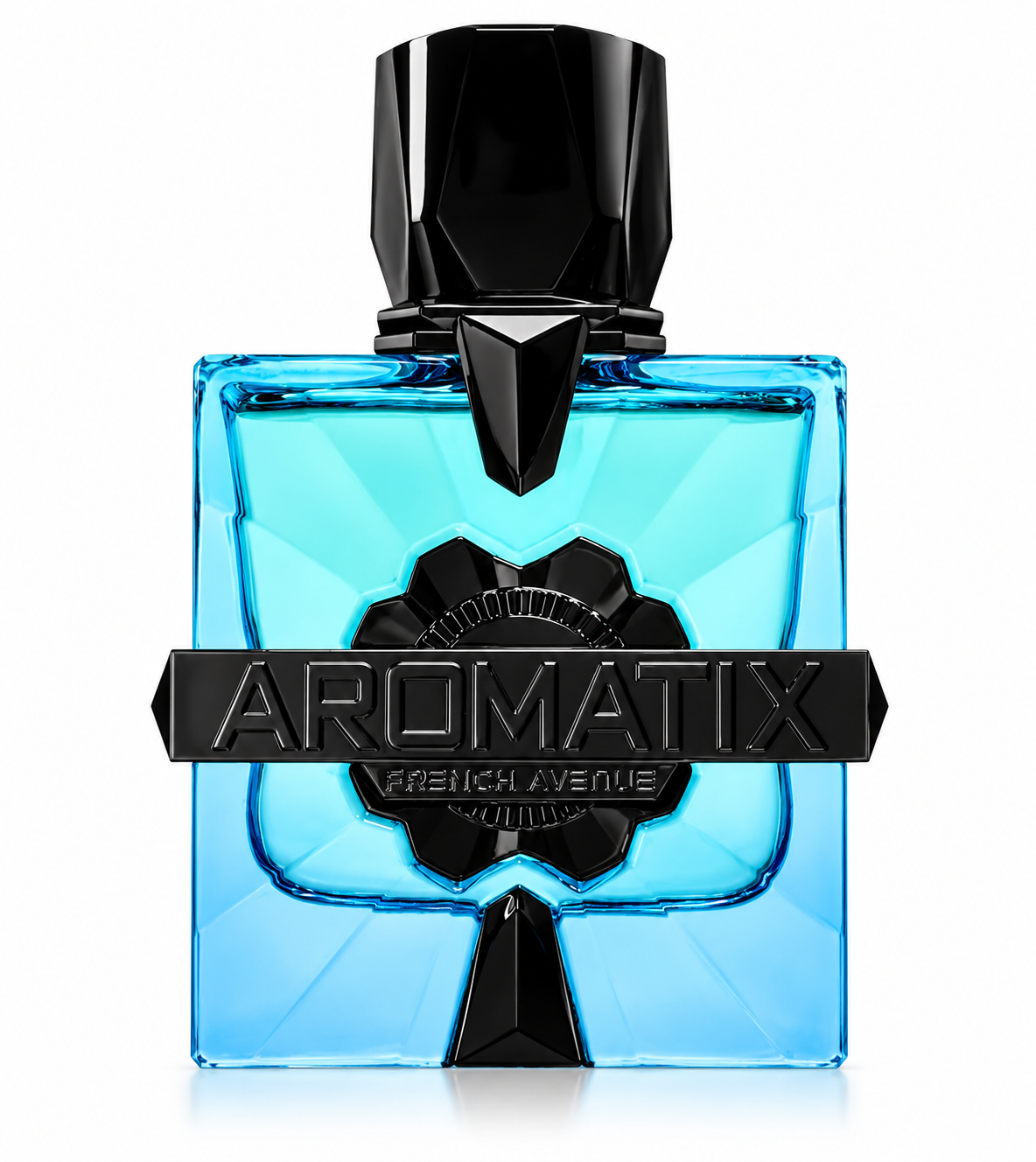 French Avenue Aromatix luxury perfume featuring a vibrant turquoise-blue transparent glass bottle with a geometric design, glossy black faceted cap and bold black Aromatix branding. Premium fragrance bottle photographed against a pure white background.