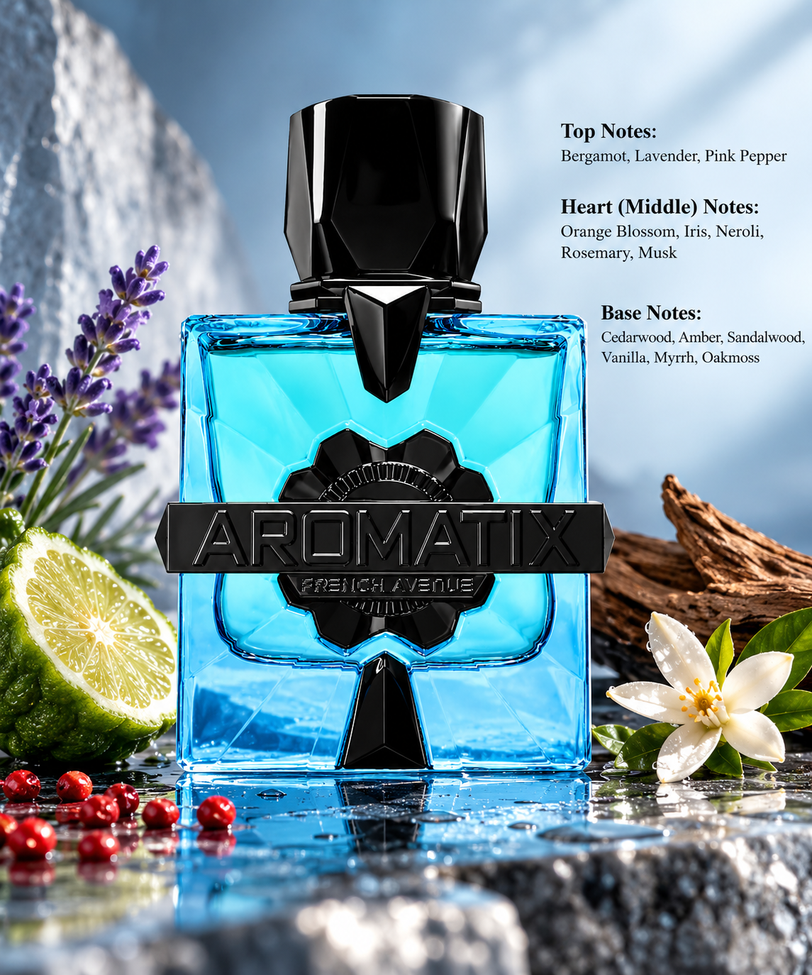 French Avenue Aromatix perfume displayed in a fresh, elegant setting with lavender, bergamot, pink pepper, orange blossom and cedarwood. A sophisticated citrus aromatic woody fragrance featuring iris, neroli, rosemary, amber, sandalwood, vanilla and musk notes.