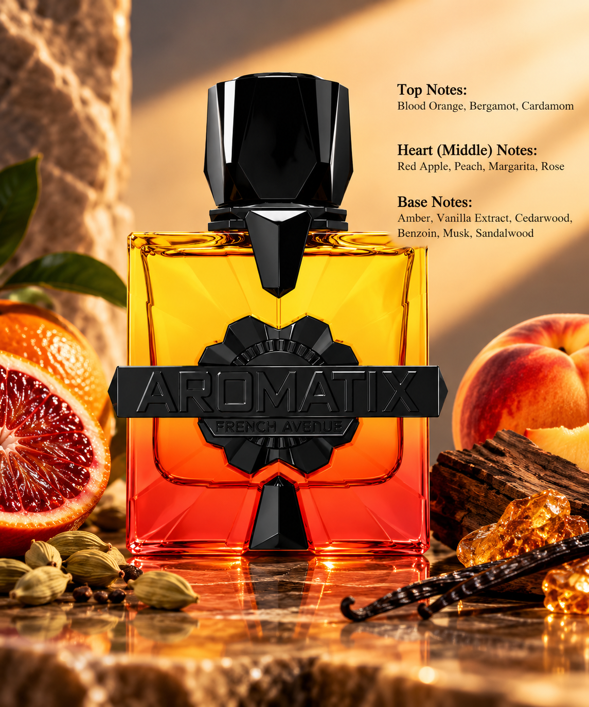 French Avenue Aromatix perfume displayed in a warm, elegant setting with blood orange, peach, cardamom, vanilla and amber. A sophisticated fruity, citrus and woody fragrance featuring bergamot, red apple, rose, cedarwood, benzoin, musk and sandalwood notes.