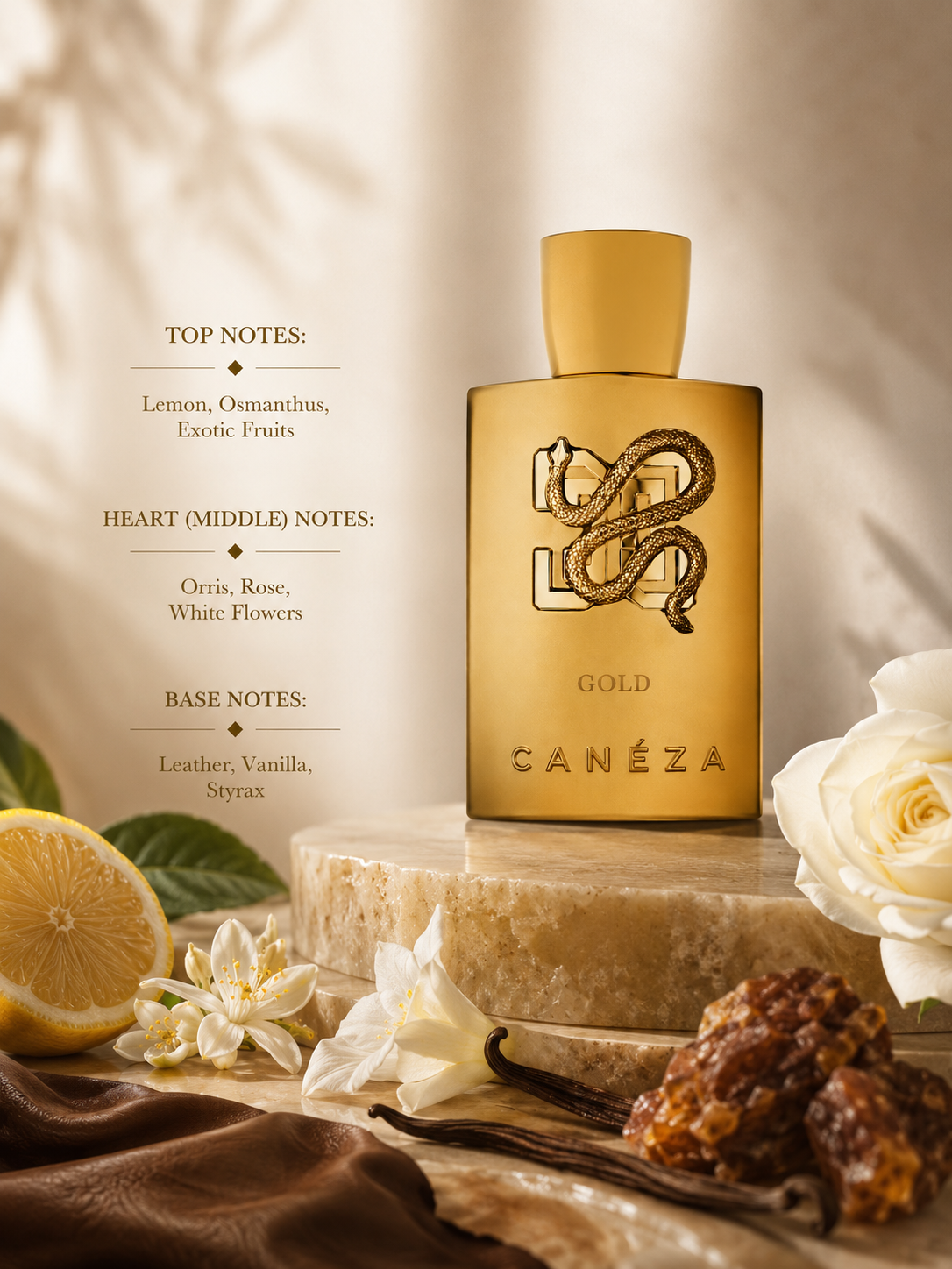 Canéza Gold featuring lemon, osmanthus, white flowers, vanilla and leather for a rich elegant fragrance.
