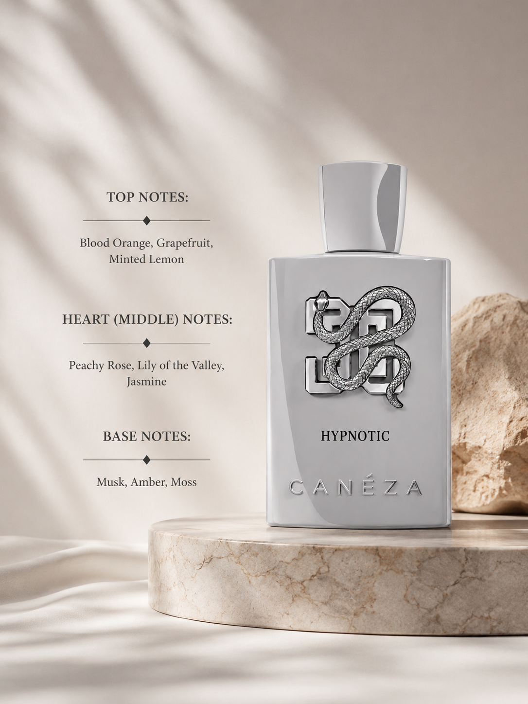Canéza Hypnotic with blood orange, grapefruit, jasmine and amber, creating a fresh floral woody fragrance.