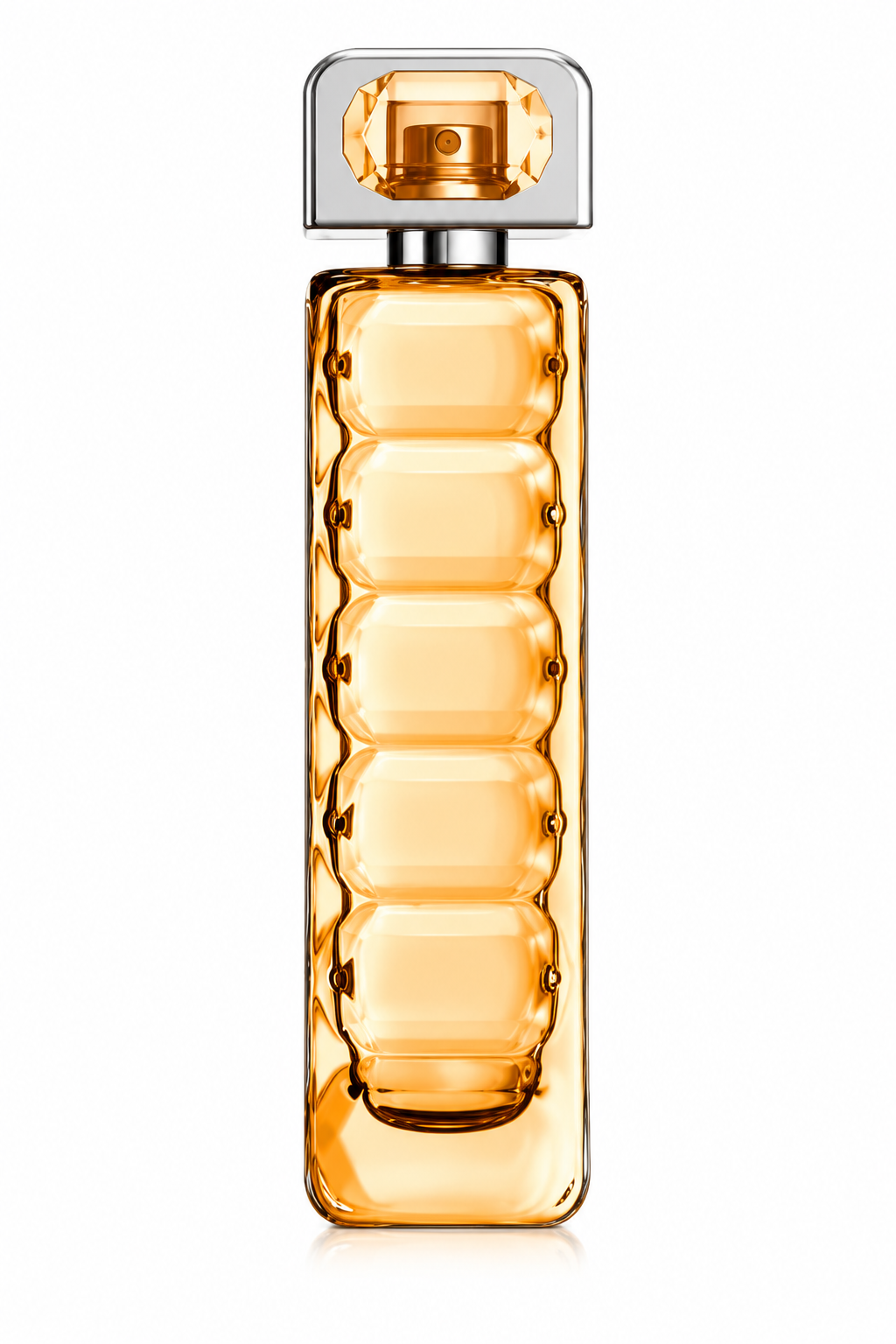 Elegant women's perfume in a tall, transparent amber glass bottle with a distinctive stacked geometric design and a silver-edged cap featuring a golden spray nozzle, photographed front-facing against a pristine white background with soft reflections.
