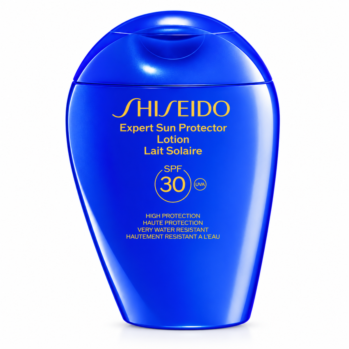 Shiseido Expert Sun Protector Lotion SPF 30 in a vibrant royal blue bottle with gold lettering, photographed against a pure white background. High-protection UVA sunscreen lotion with a very water-resistant formula, ideal for daily sun protection and outdoor activities.