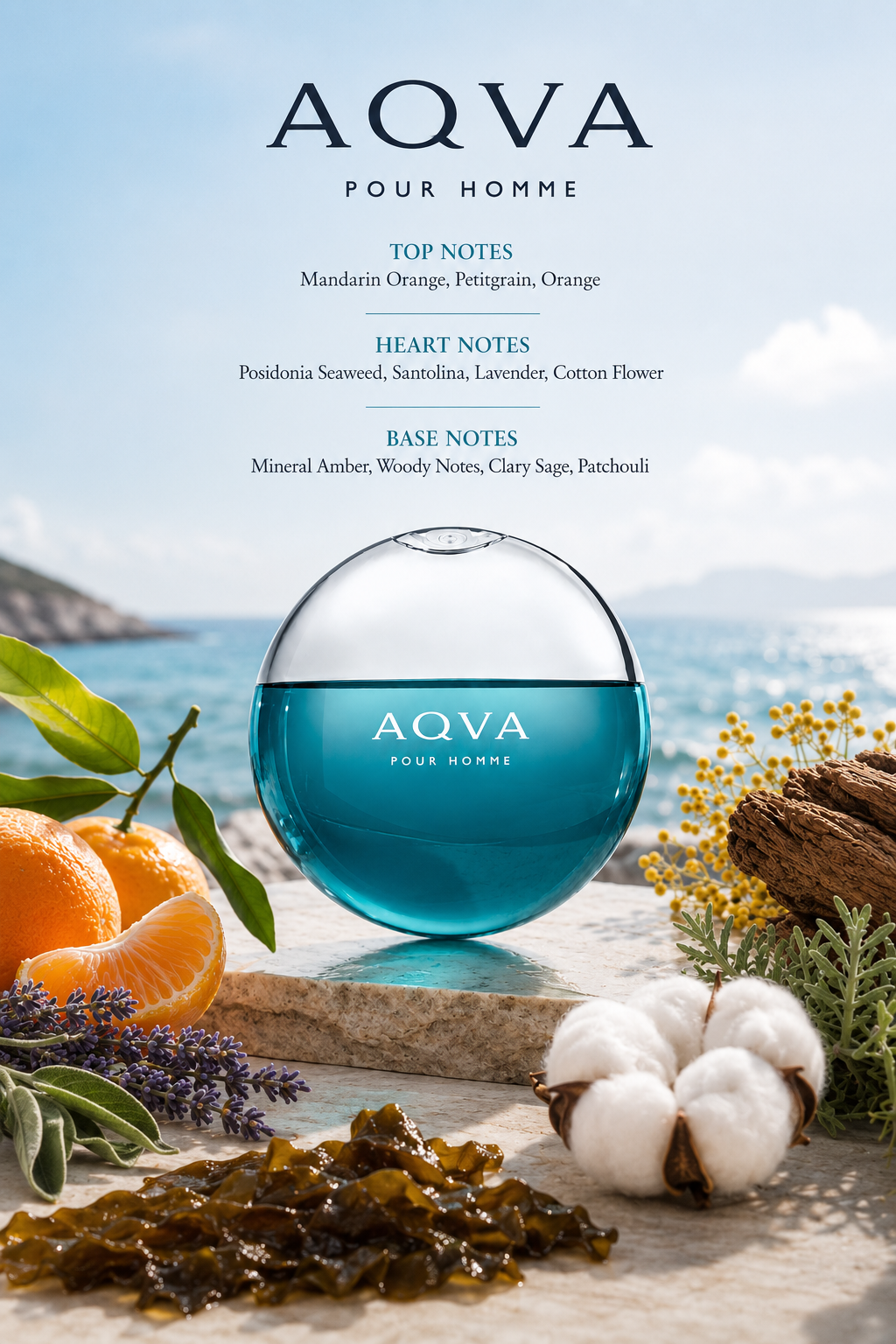 Bvlgari Aqva Pour Homme fragrance bottle displayed with mandarin orange, petitgrain, orange, seaweed, lavender, cotton flower, mineral amber, clary sage, patchouli, and marine-inspired elements, with fragrance notes listed above the bottle.