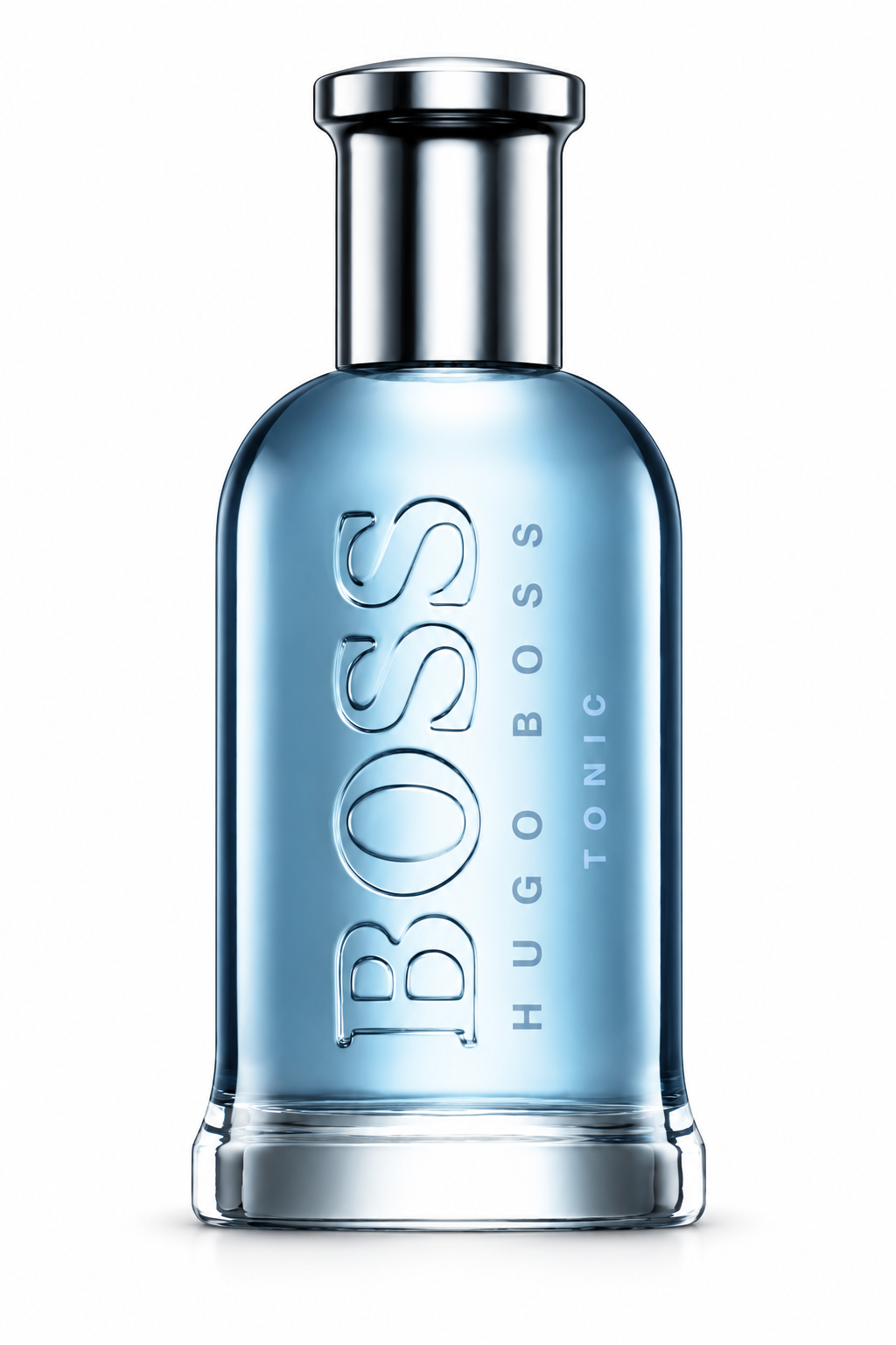 Hugo Boss Bottled Tonic Eau de Toilette for men, featuring a sleek transparent light blue glass bottle with embossed BOSS lettering, vertical Hugo Boss branding and a polished silver cap, photographed front-facing against a pristine white background with clean, elegant reflections.