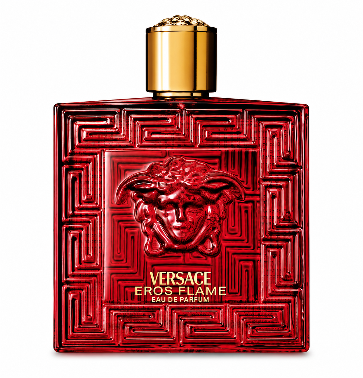 Versace Eros Flame 200ml Eau de Parfum for Men presented in its striking deep red glass bottle with intricate Greek key detailing, sculpted Medusa emblem and luxurious gold metallic cap, photographed against a clean pure white background.