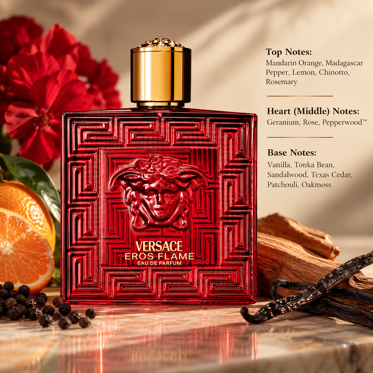 Versace Eros Flame 200ml Eau de Parfum for Men presented in a warm, sophisticated setting reflecting its vibrant spicy, citrus and woody character, featuring mandarin orange, Madagascar pepper, lemon, chinotto and rosemary, a heart of geranium, rose and pepperwood, and a rich base of vanilla, tonka bean, sandalwood, Texas cedar, patchouli and oakmoss.