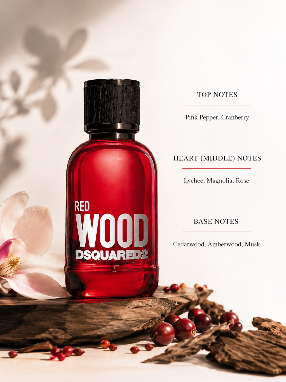 Dsquared2 Red Wood red perfume bottle displayed with cranberries, magnolia petals, and cedarwood pieces, emphasizing its vibrant fruity floral fragrance.