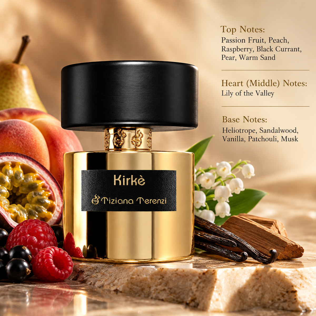 Tiziana Terenzi Kirke 100ml Extrait de Parfum presented in a warm, luxurious composition inspired by its fruity, floral and creamy woody character, surrounded by passion fruit, peach, raspberry, black currant, pear, lily of the valley, vanilla and sandalwood elements, with elegant golden lighting and a refined premium setting.