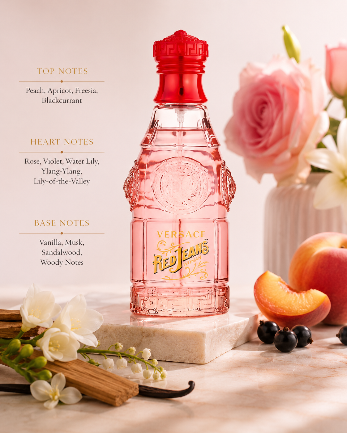 Versace Red Jeans Eau de Toilette displayed with peach, blackcurrant, rose, vanilla, and sandalwood accents. Notes shown: Top – peach, apricot, freesia, blackcurrant; Heart – rose, violet, water lily, ylang-ylang, lily-of-the-valley; Base – vanilla, musk, sandalwood, and woody notes. Bright floral-fruity presentation with a youthful, feminine aesthetic.