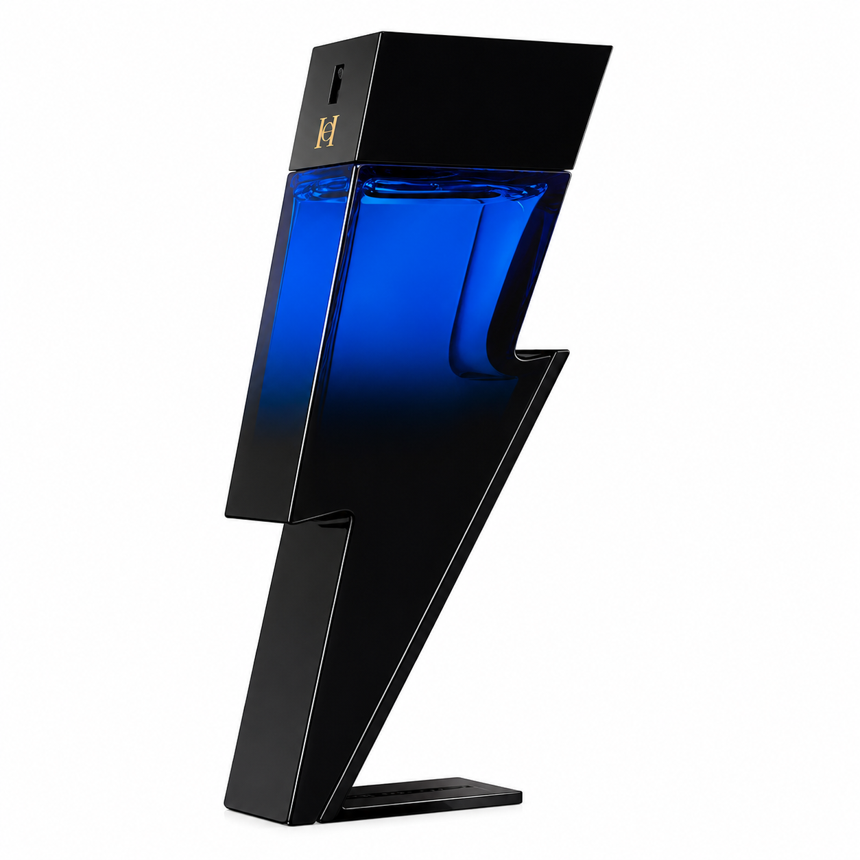 Carolina Herrera Bad Boy Cobalt Elixir 100ml EDP elegantly presented on a pure white background, showcasing its iconic lightning bolt-shaped bottle in deep cobalt blue and black with a sleek glossy finish that highlights its bold, modern and masculine design.