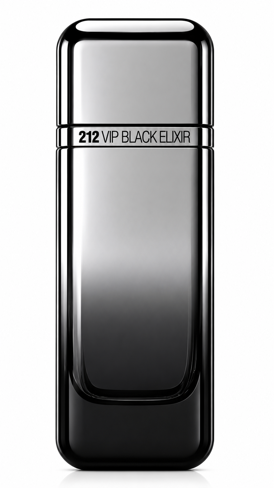 Carolina Herrera 212 VIP Black Elixir For Him 100ml EDP elegantly presented on a pure white background, showcasing its sleek metallic black bottle with a glossy mirrored finish, minimalist cylindrical silhouette and luxurious modern design that emphasizes its bold masculine character.