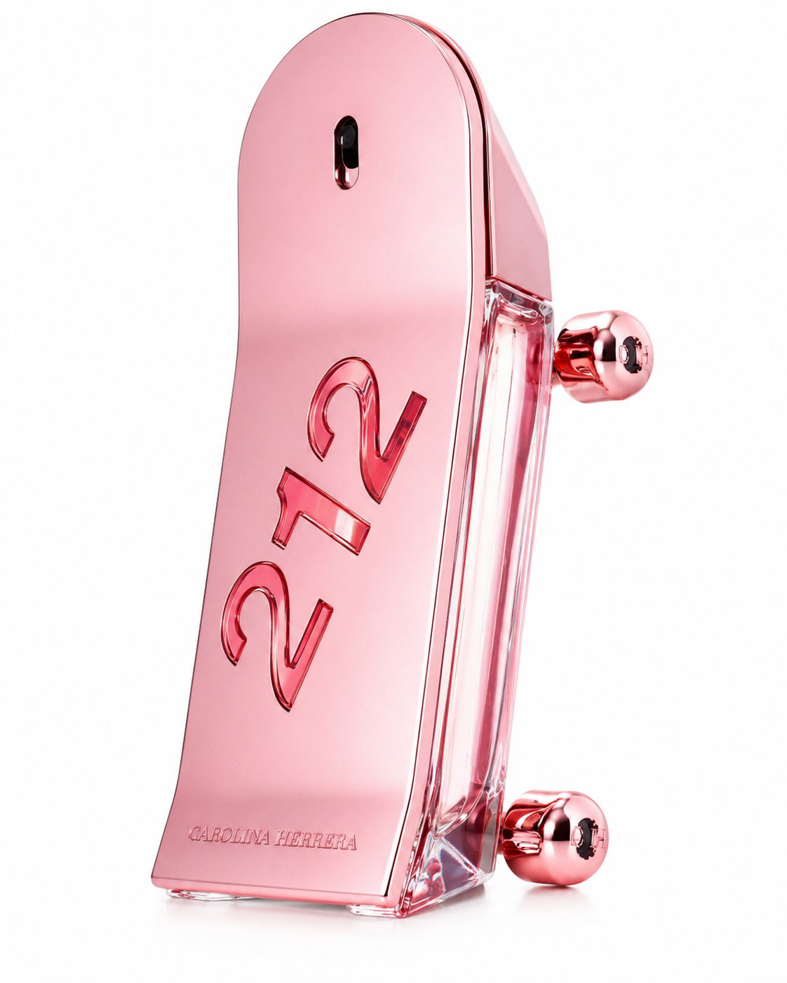 Carolina Herrera 212 Heroes For Her 30ml EDP elegantly showcased on a pure white background, highlighting the iconic pink skateboard-shaped bottle with its luminous metallic finish, reflecting the fragrance's youthful, playful and contemporary feminine character.