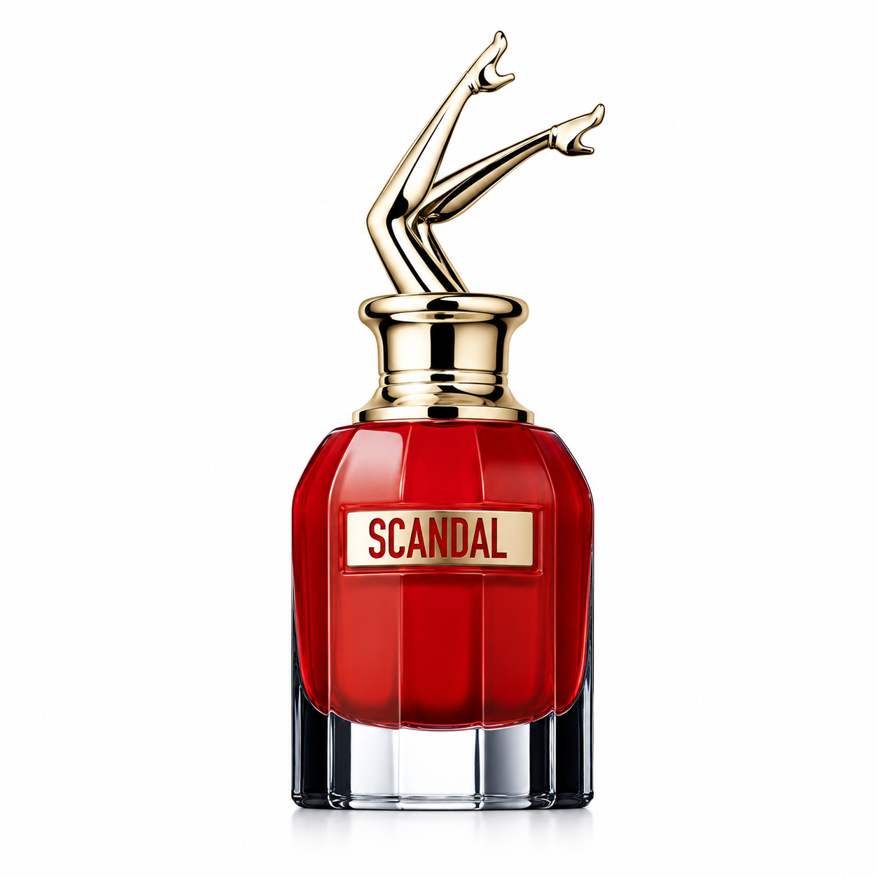Jean Paul Gaultier Scandal Le Parfum 80ml EDP women's perfume in elegant red glass bottle with iconic gold legs cap on white background.
