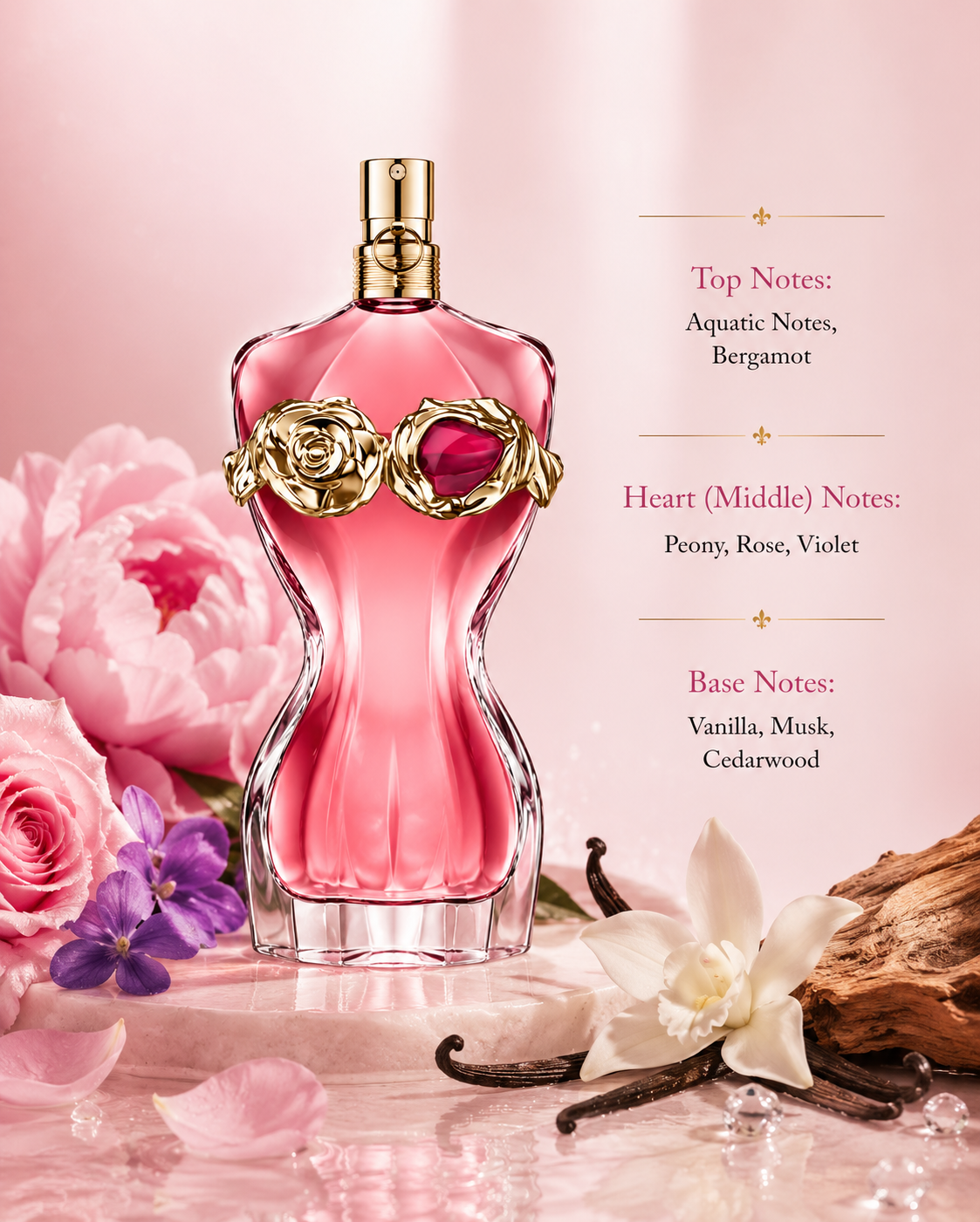 Jean Paul Gaultier Scandal La Belle displayed among peony, rose, violet, vanilla pods and cedarwood, highlighting its fresh floral and warm woody fragrance composition.